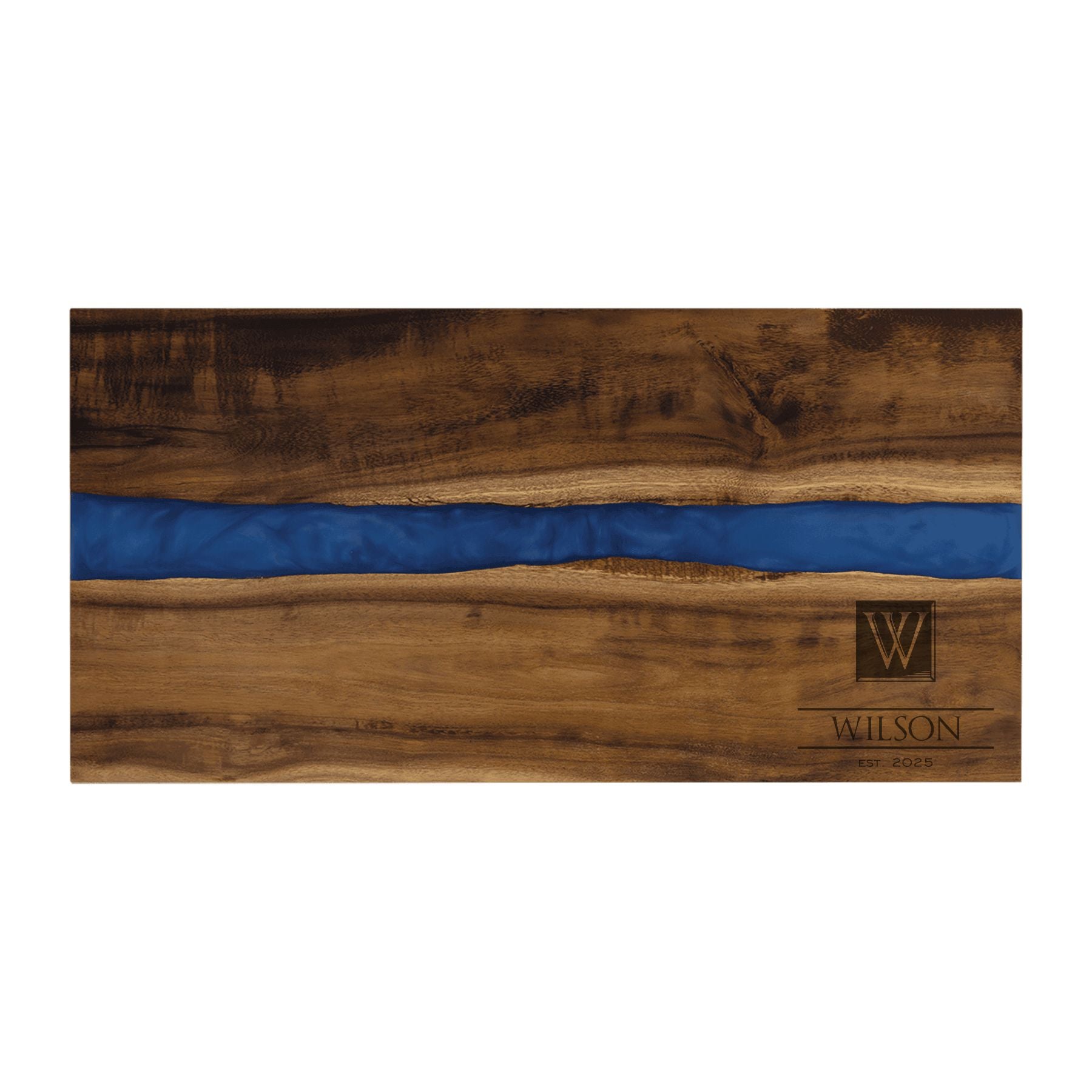 Personalized Acacia Wood with Blue Resin Engraved Serving Board Tray, Monogrammed with Custom Initial Name and Text