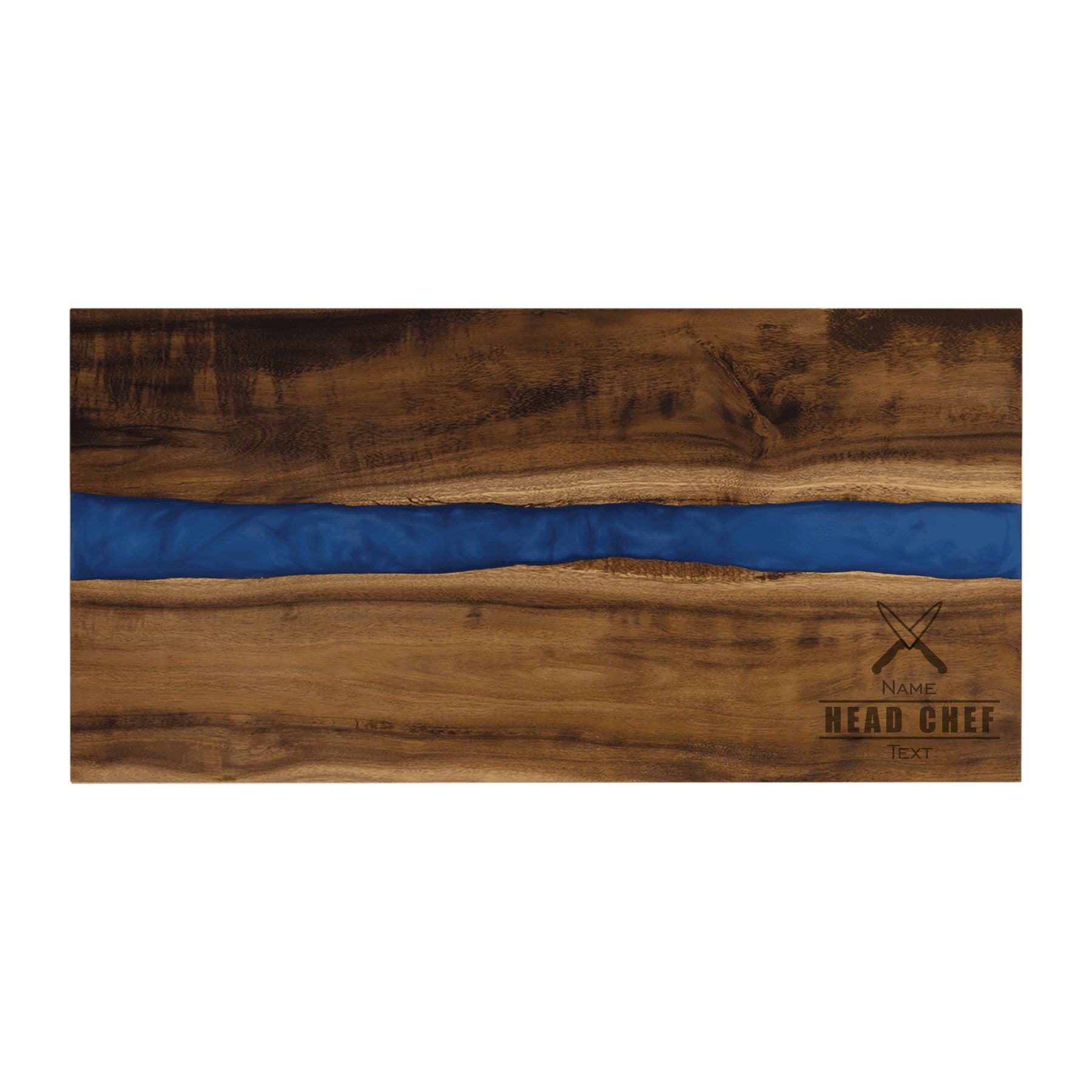 Personalized Head Chef with Name Custom Text Engraved Acacia Wood with Blue Resin Serving Board Tray