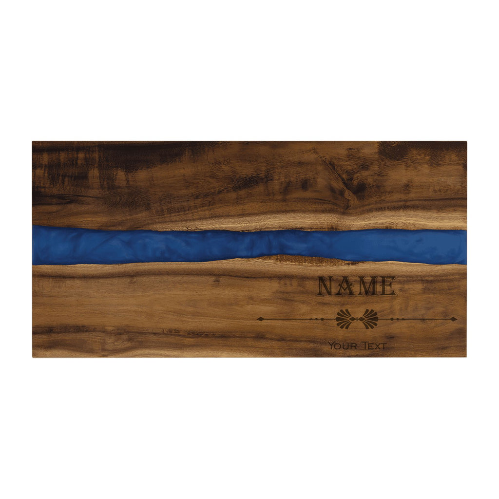 Personalized Acacia Wood with Blue Resin Serving Board Tray, Engraved with Name Custom Text