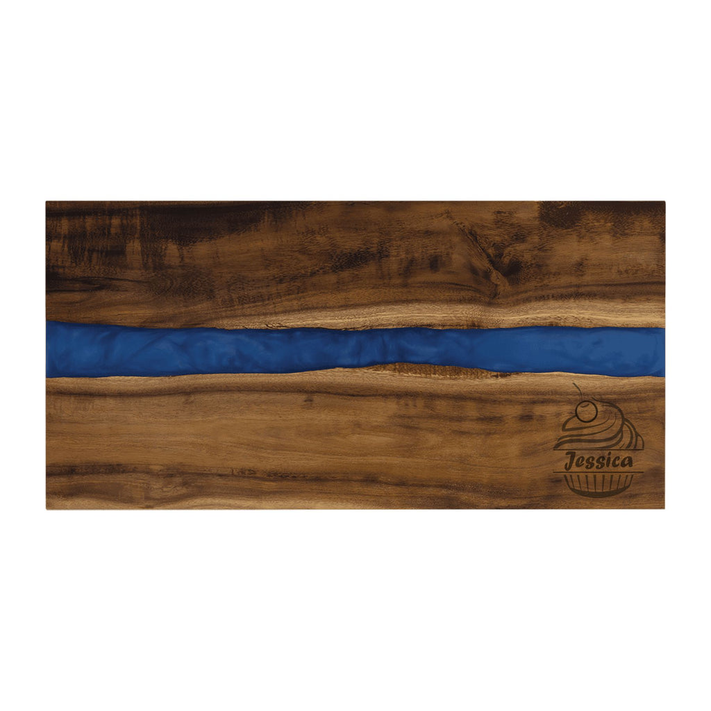 Personalized Acacia Wood with Blue Resin Serving Board Tray, Cupcake Engraved with Custom Text