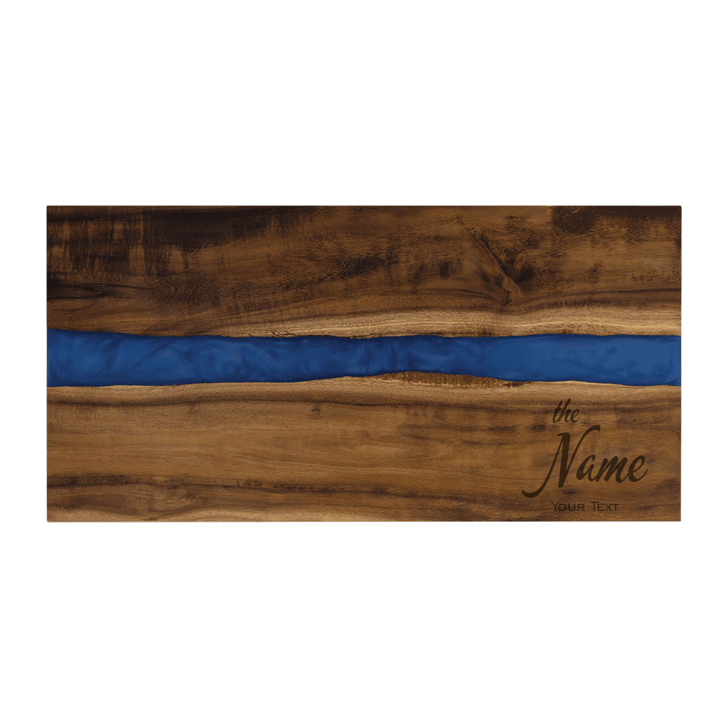 Personalized Acacia Wood with Blue Resin Serving Board Tray, Engraved with Family Name and Custom Text