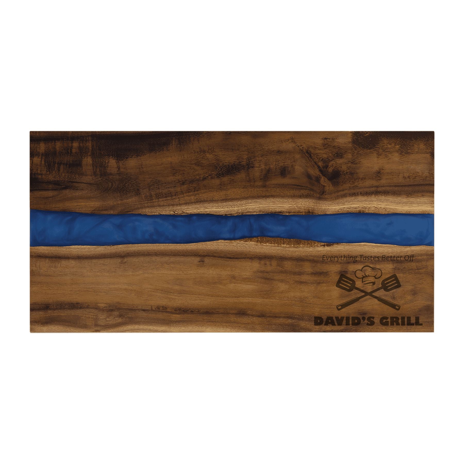 Personalized Everything Tastes Better off Name's Grill Engraved Acacia Wood with Blue Resin Serving Board Tray