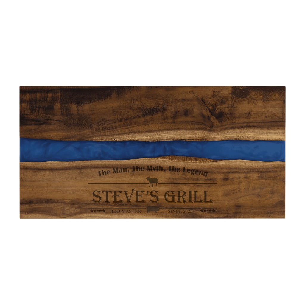 Personalized The Man Myth Legend Engraved Acacia Wood with Blue Resin Serving Board Tray