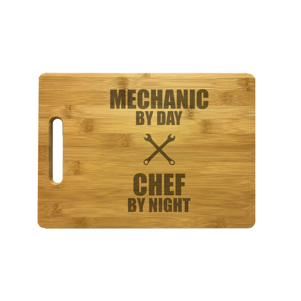 Mechanic by Day Chef by Night Engraved Natural Wood Cutting Boards, Bamboo or Maple, Mechanic Gifts