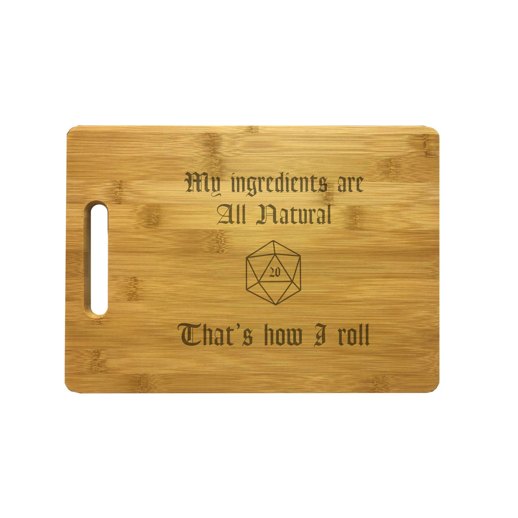 DND Ingredients are All Natural D20 Engraved Natural Wood Cutting Boards, Bamboo or Maple, Funny Dungeons Dragons Gifts
