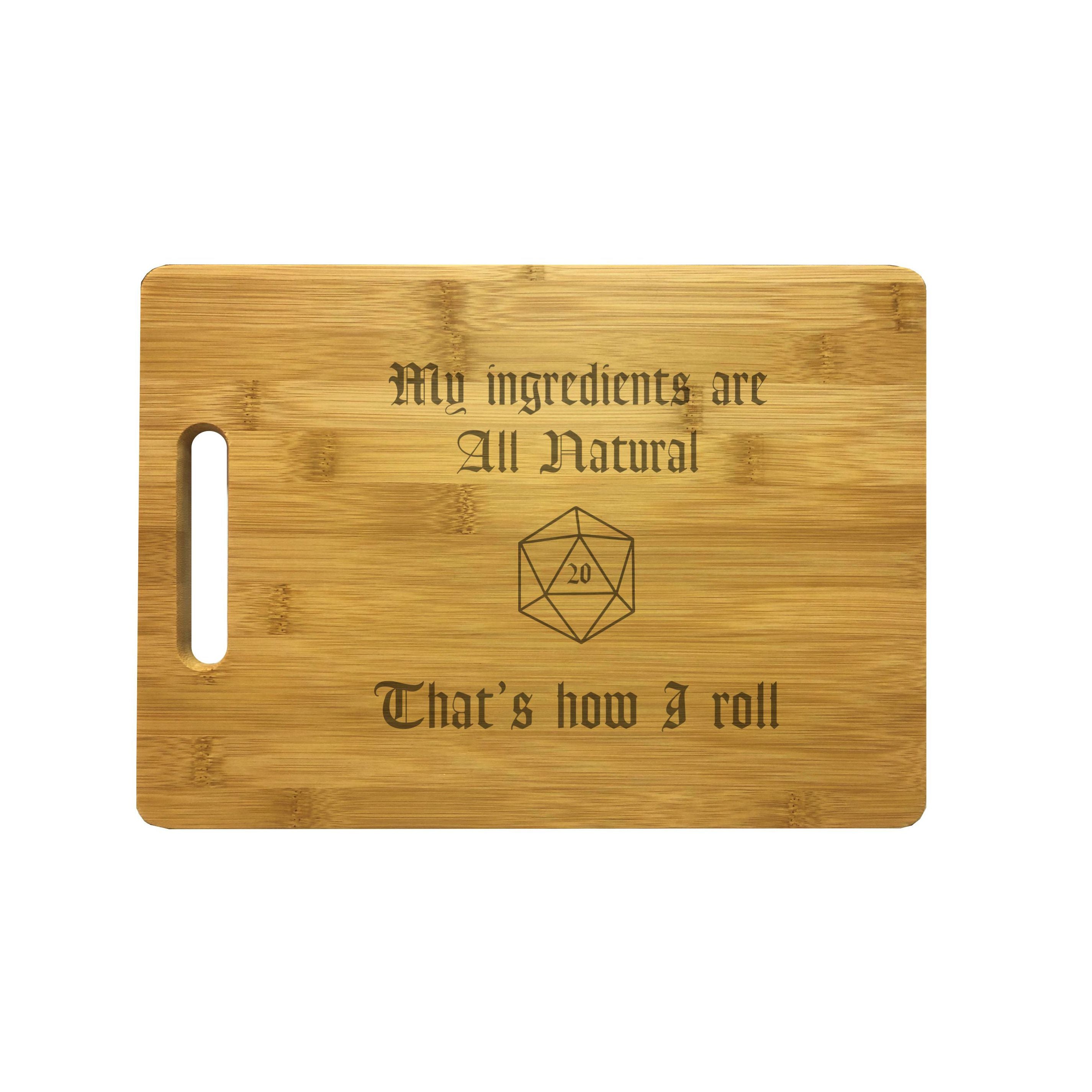 DND Ingredients are All Natural D20 Engraved Natural Wood Cutting Boards, Bamboo or Maple, Funny Dungeons Dragons Gifts