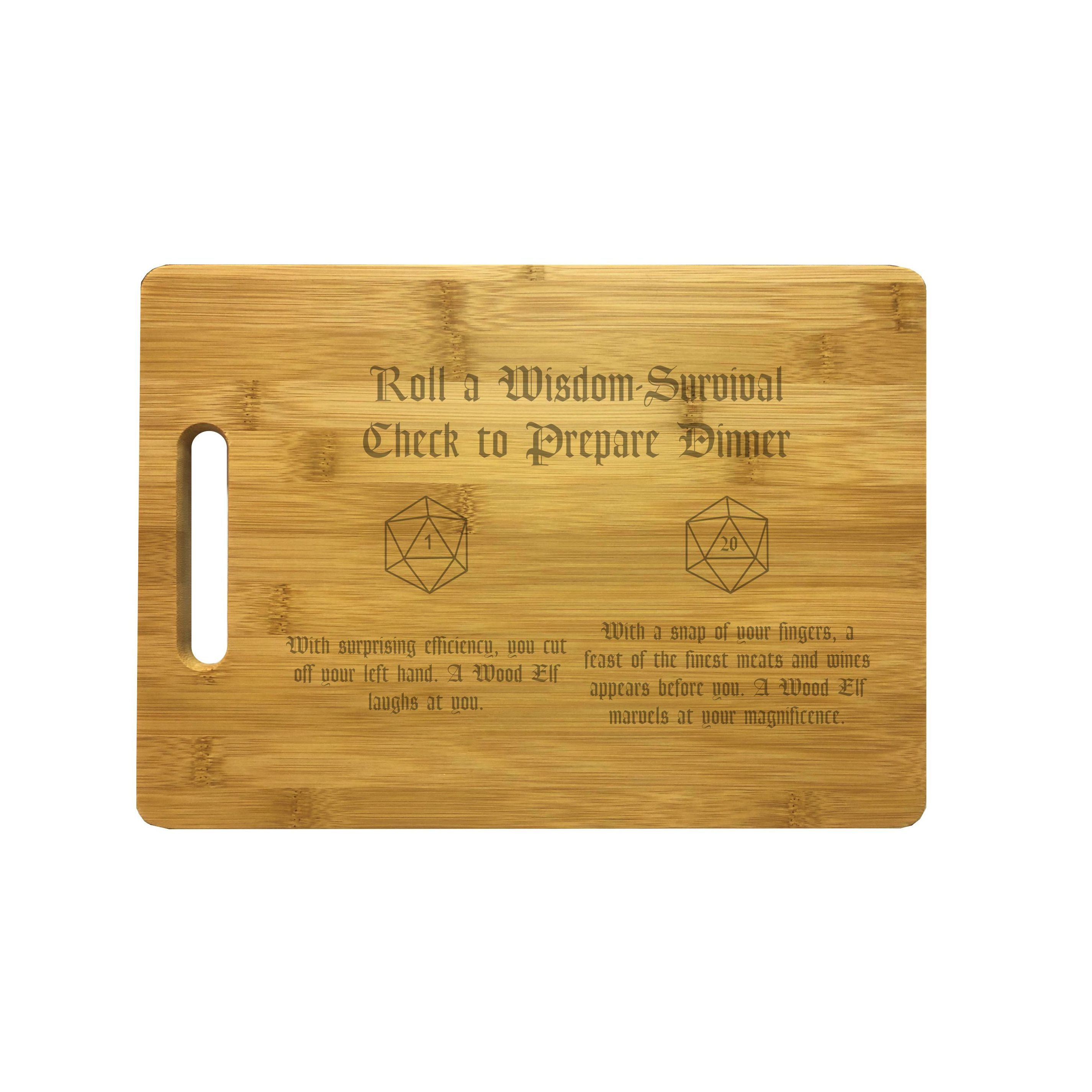 DND Wisdom Check Rolls Funny D20 Outcomes Natural Wood Cutting Boards, Bamboo or Maple, Dungeons Dragons Gifts