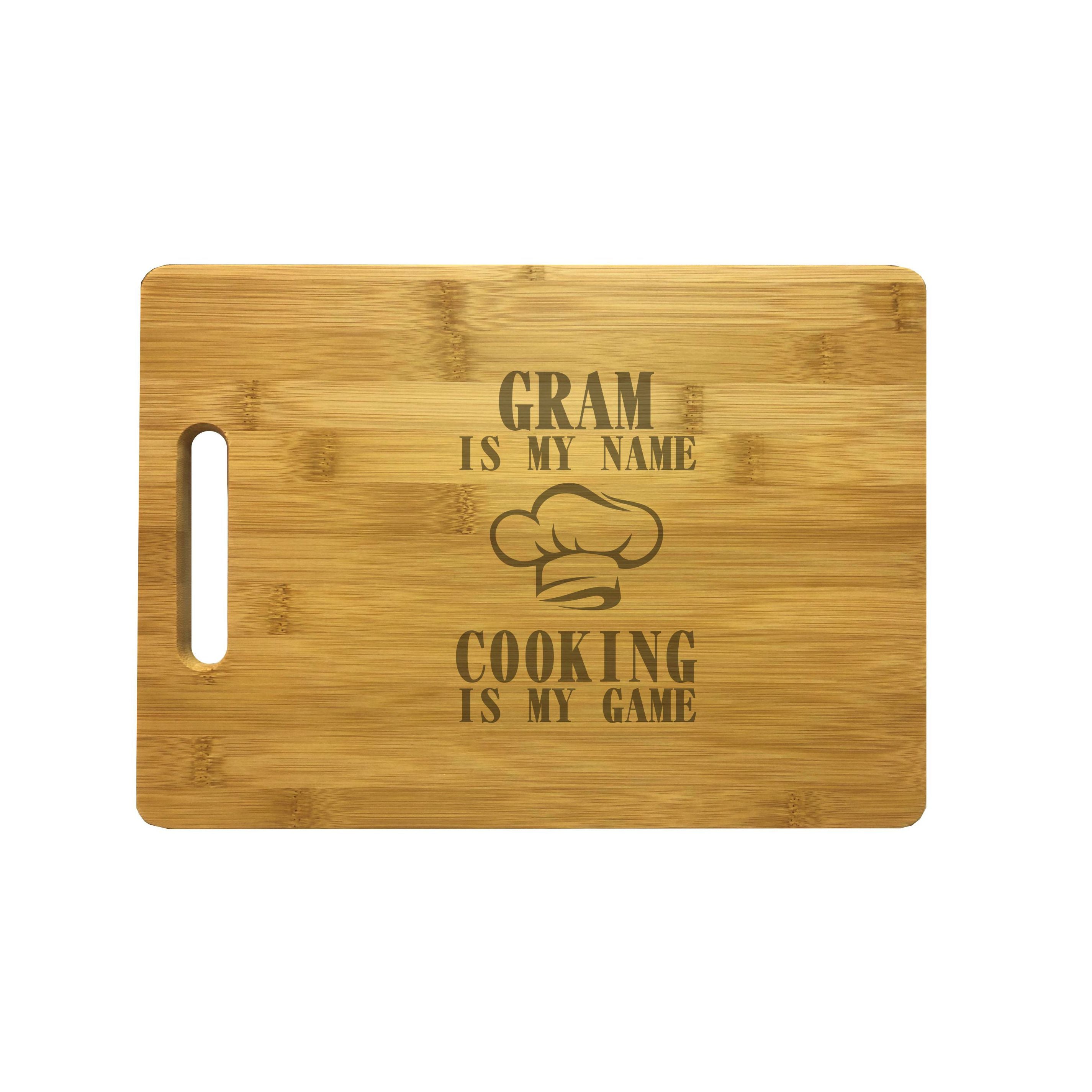 Gram My Name Cooking My Game Engraved Natural Wood Cutting Boards, Bamboo or Maple, Gram Gift