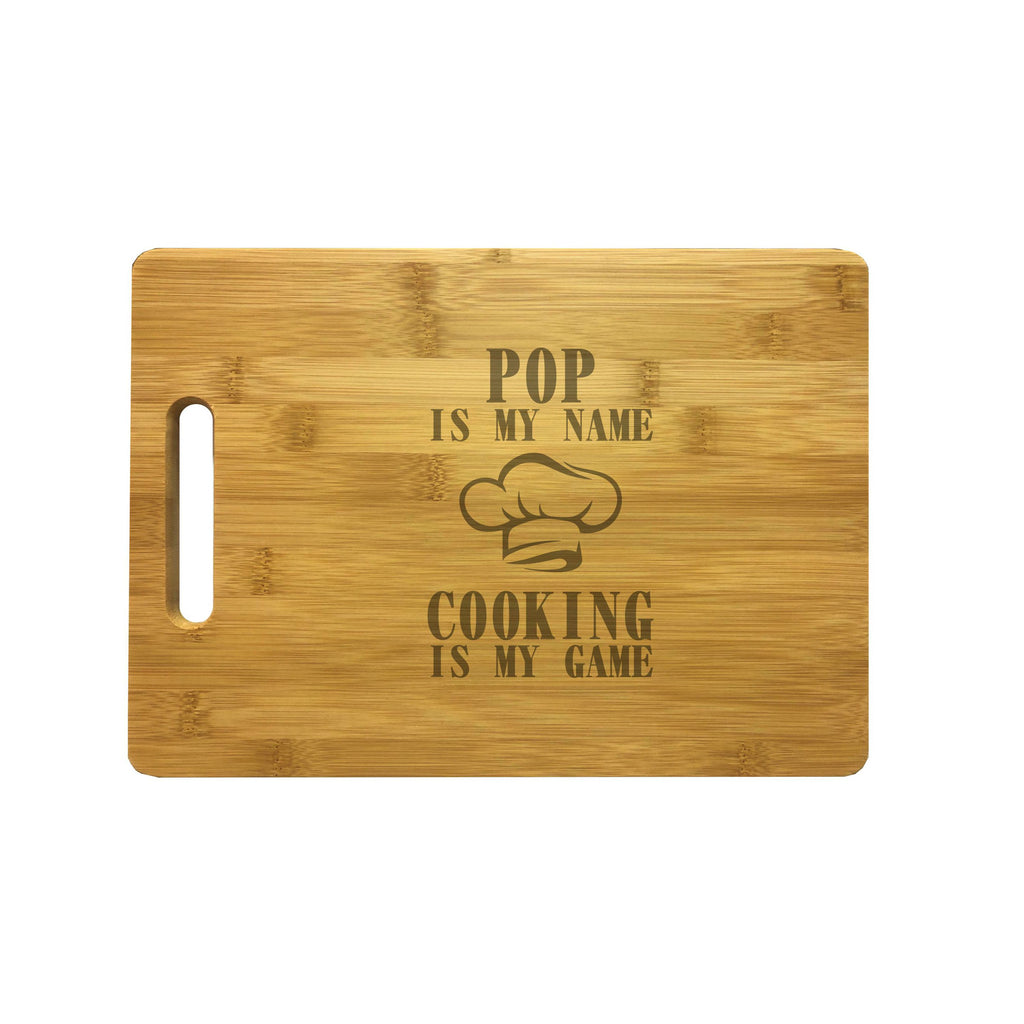 Pop My Name Cooking My Game Engraved Natural Wood Cutting Boards, Bamboo or Maple, Pop Gift