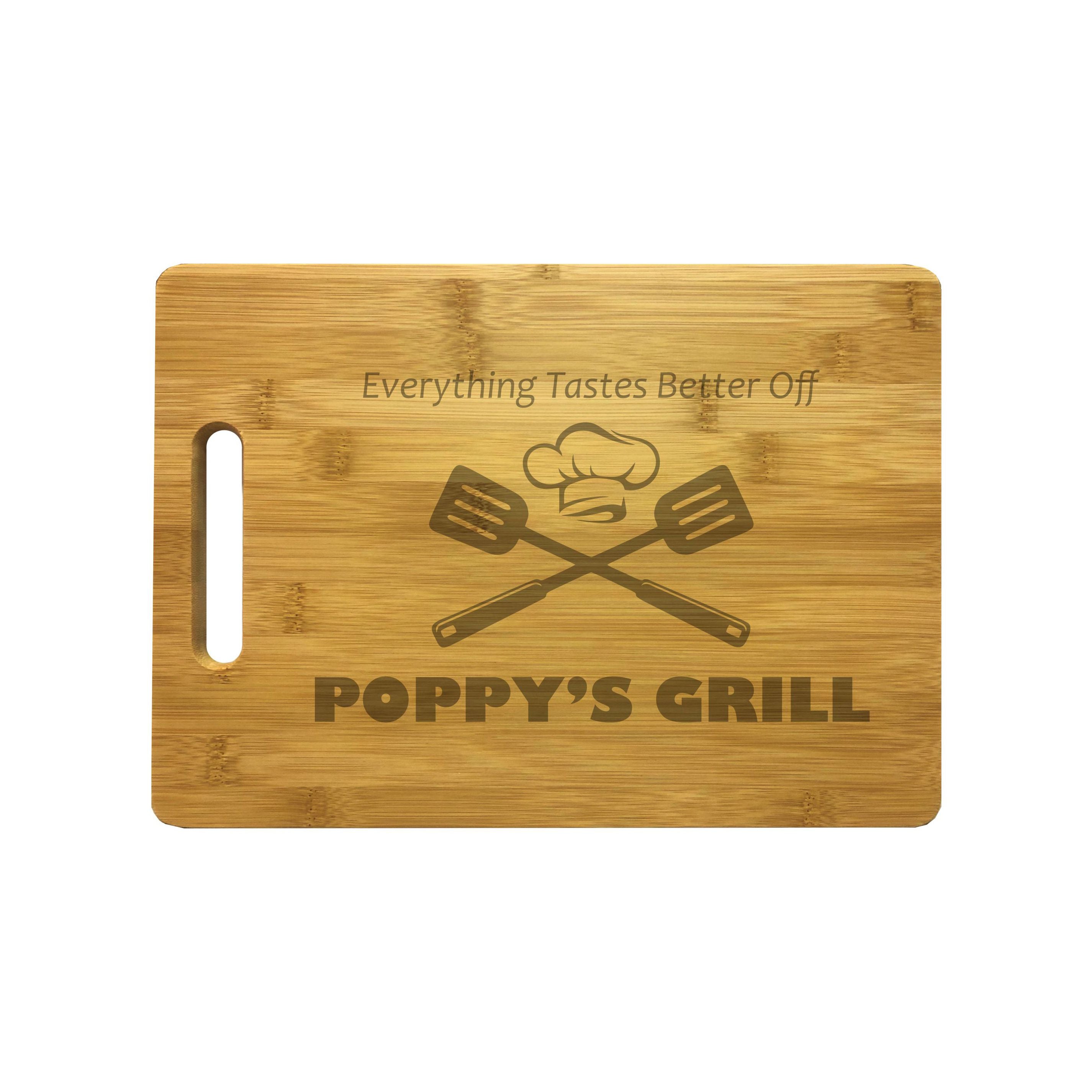 Poppy's Grill Engraved Natural Wood Cutting Boards, Bamboo or Maple, Grilling BBQ Gift