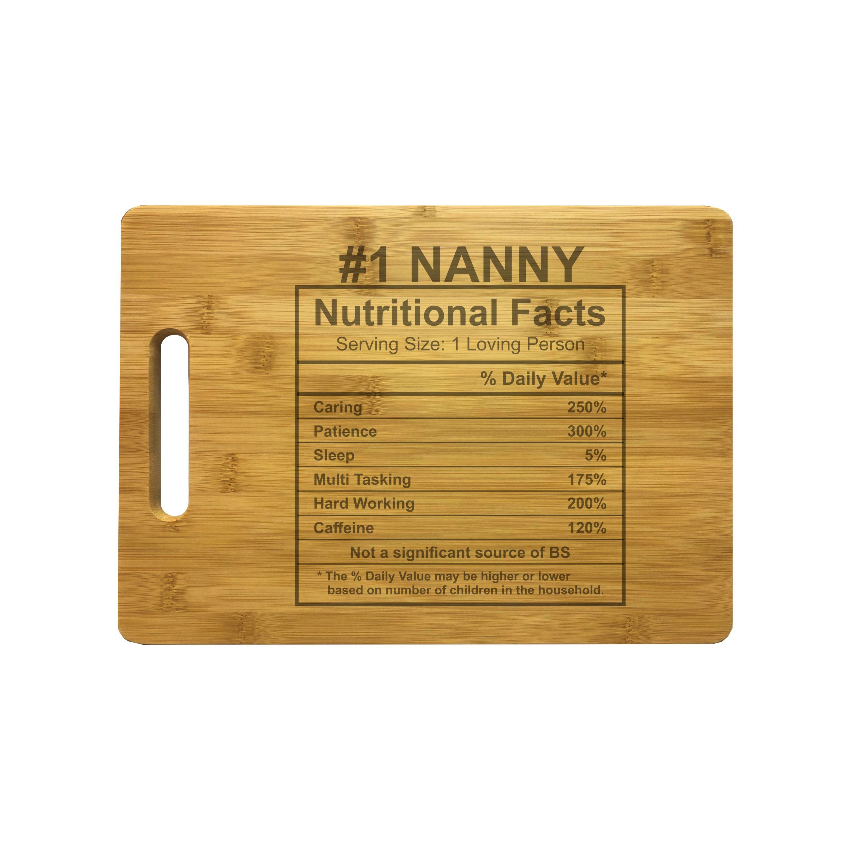 Number 1 Nanny Nutritional Facts Engraved Natural Wood Cutting Boards, Bamboo or Maple, Nanny Gift