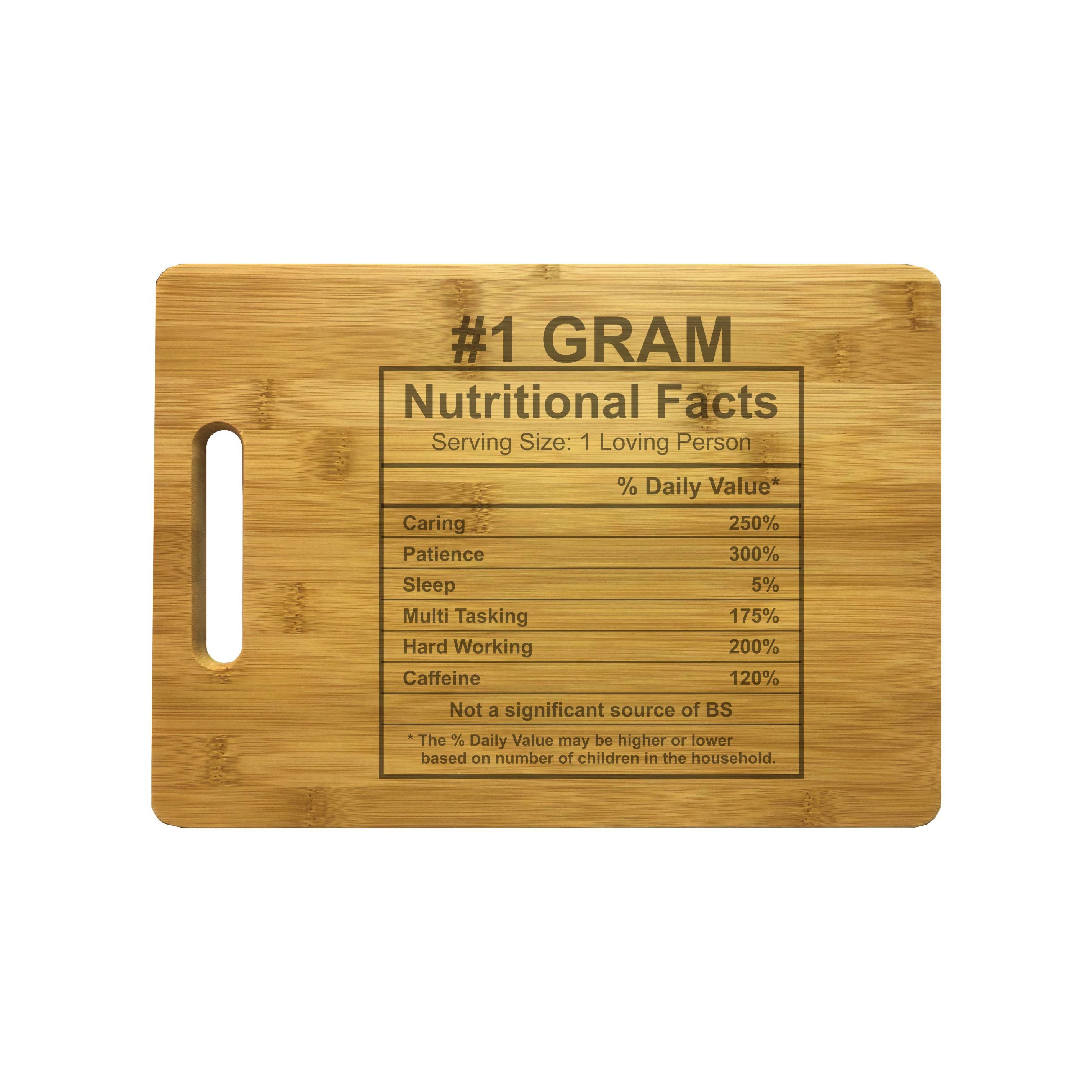 Number 1 Gram Nutritional Facts Engraved Natural Wood Cutting Boards, Bamboo or Maple, Gram Gift