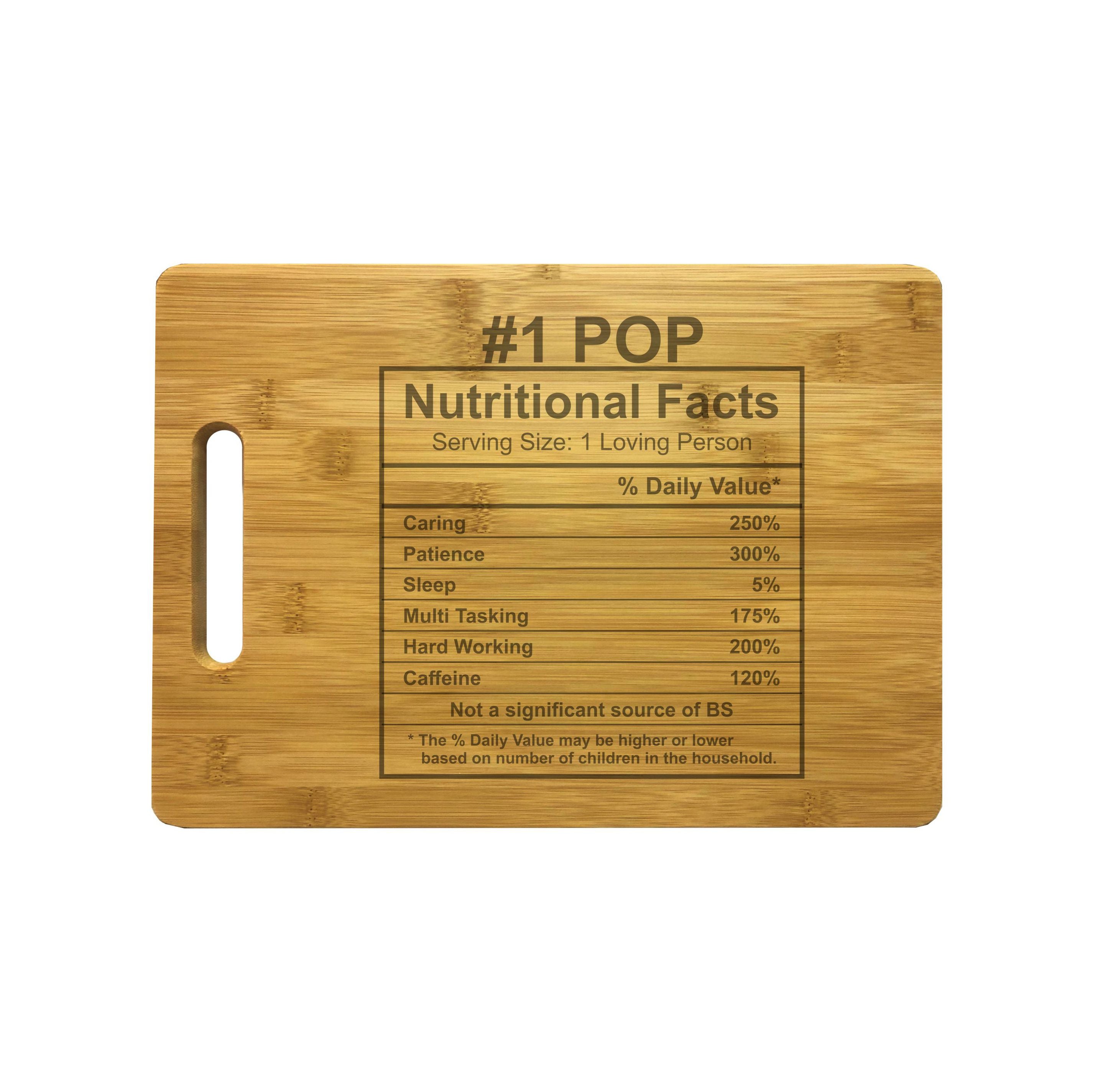 Number 1 Pop Nutritional Facts Engraved Natural Wood Cutting Boards, Bamboo or Maple, Pop Gift