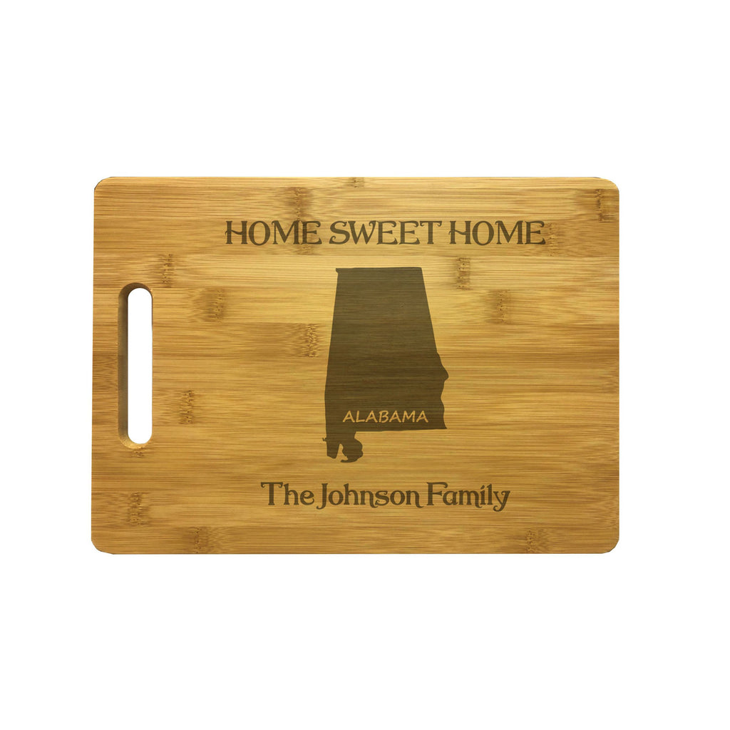 Personalized Alabama Engraved Natural Wood Cutting Board, Home Sweet Home with Custom Text, Engraved Bamboo or Maple, Housewarming Gift