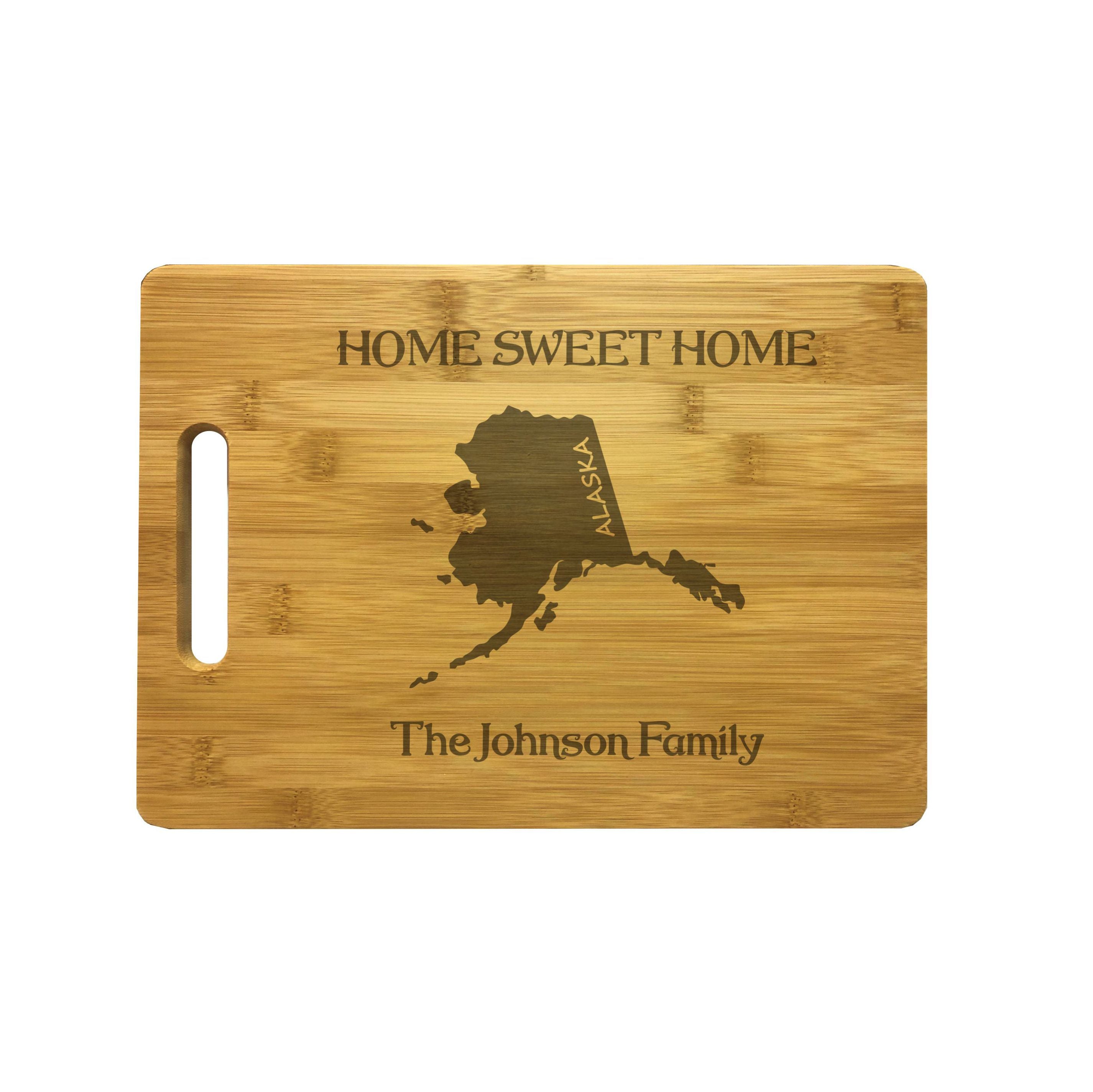 Personalized Alaska Engraved Natural Wood Cutting Board, Home Sweet Home with Custom Text, Engraved Bamboo or Maple, Housewarming Gift