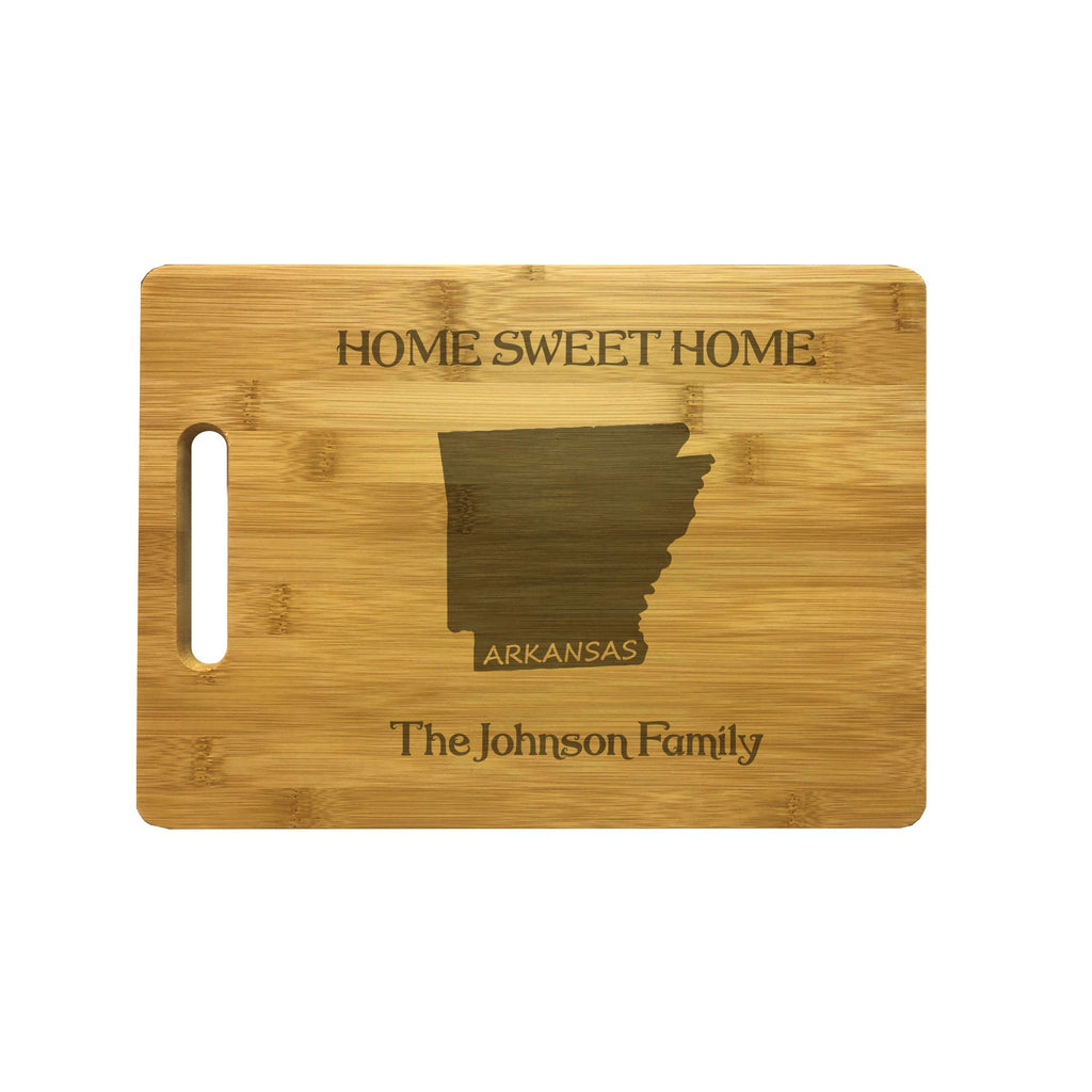 Personalized Arkansas Engraved Natural Wood Cutting Board, Home Sweet Home with Custom Text, Engraved Bamboo or Maple, Housewarming Gift