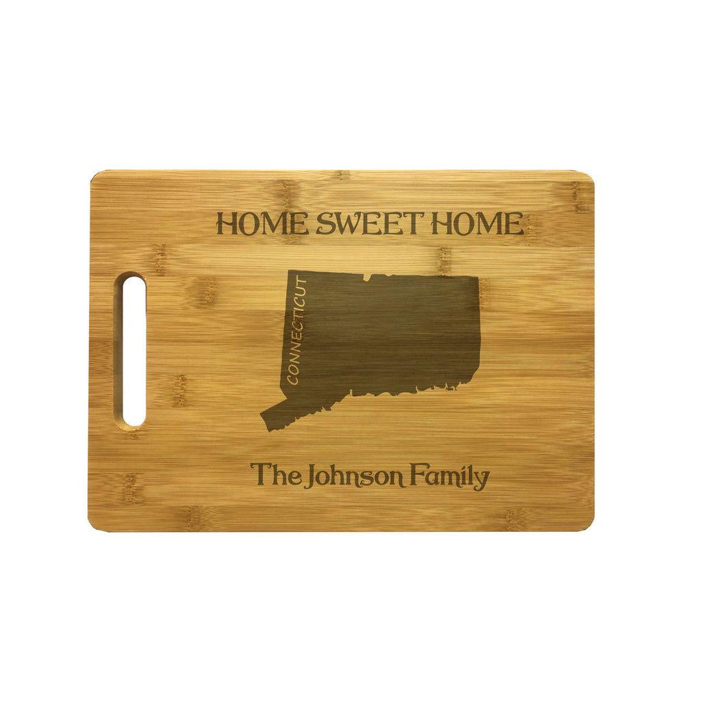 Personalized Connecticut Engraved Natural Wood Cutting Board, Home Sweet Home with Custom Text, Engraved Bamboo or Maple, Housewarming Gift