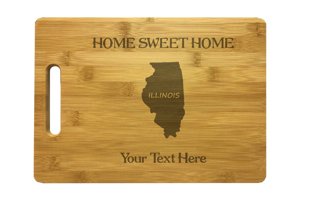 Personalized Illinois Engraved Natural Wood Cutting Board, Home Sweet Home with Custom Text, Engraved Bamboo or Maple, Housewarming Gift