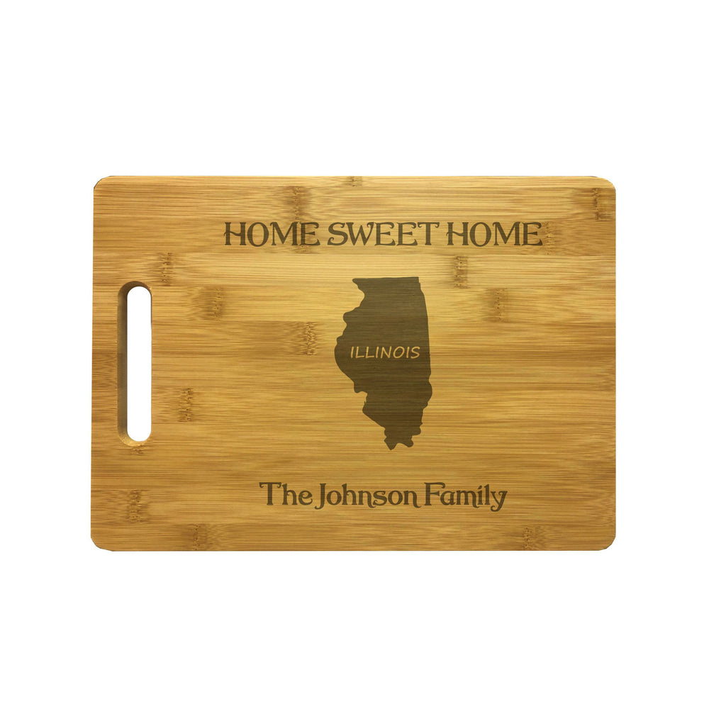 Personalized Illinois Engraved Natural Wood Cutting Board, Home Sweet Home with Custom Text, Engraved Bamboo or Maple, Housewarming Gift