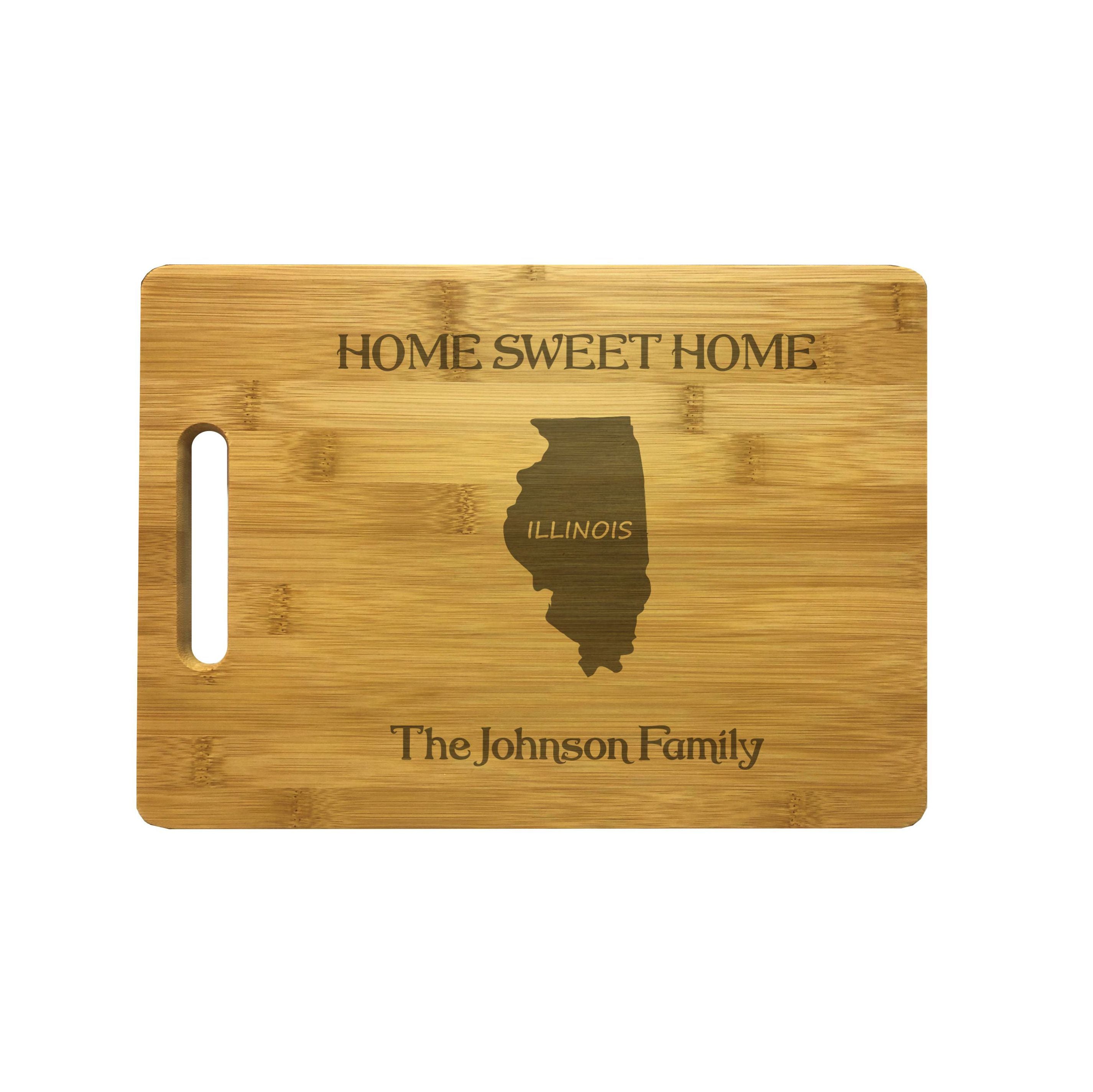 Personalized Illinois Engraved Natural Wood Cutting Board, Home Sweet Home with Custom Text, Engraved Bamboo or Maple, Housewarming Gift