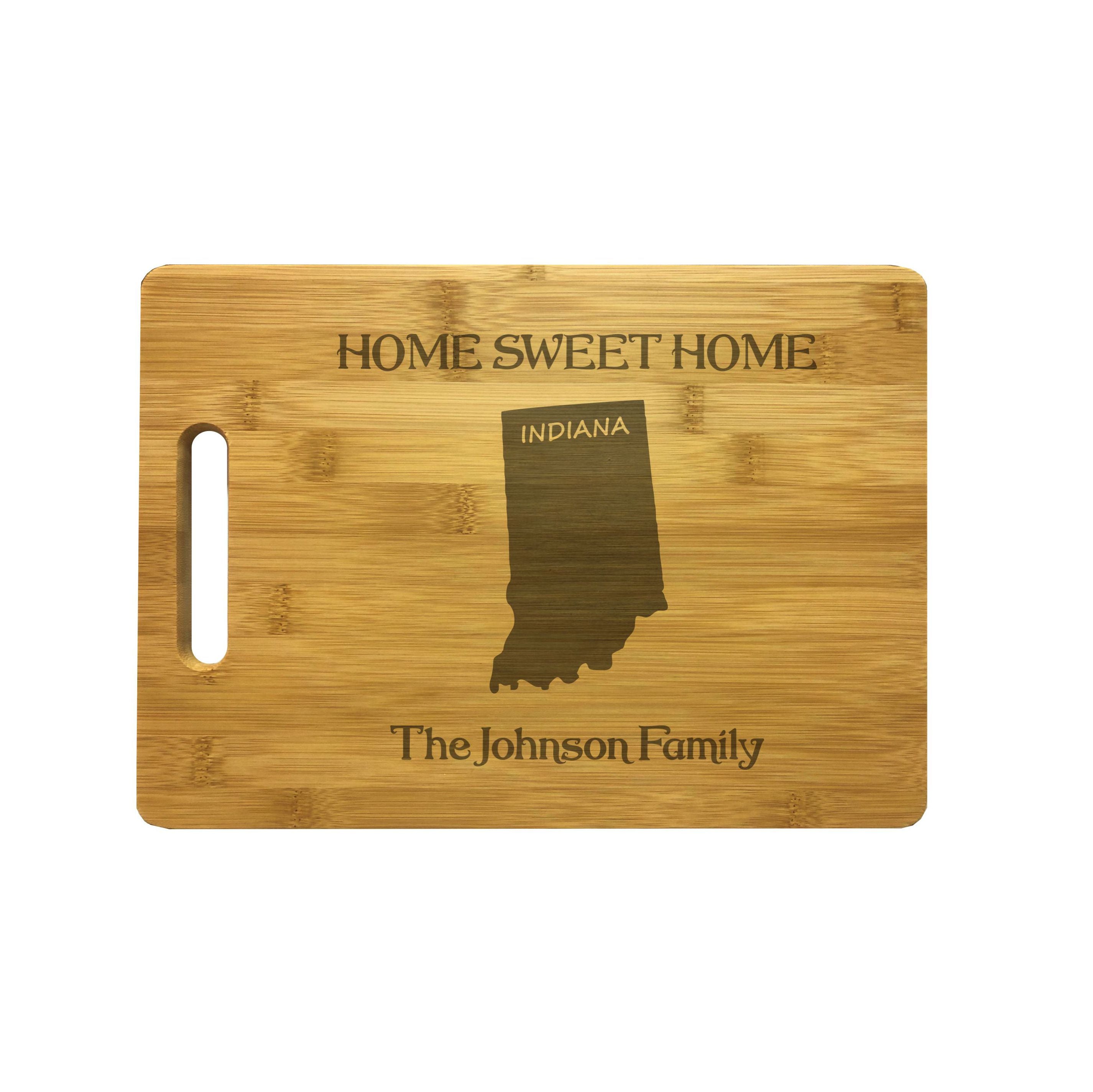Personalized Indiana Engraved Natural Wood Cutting Board, Home Sweet Home with Custom Text, Engraved Bamboo or Maple, Housewarming Gift