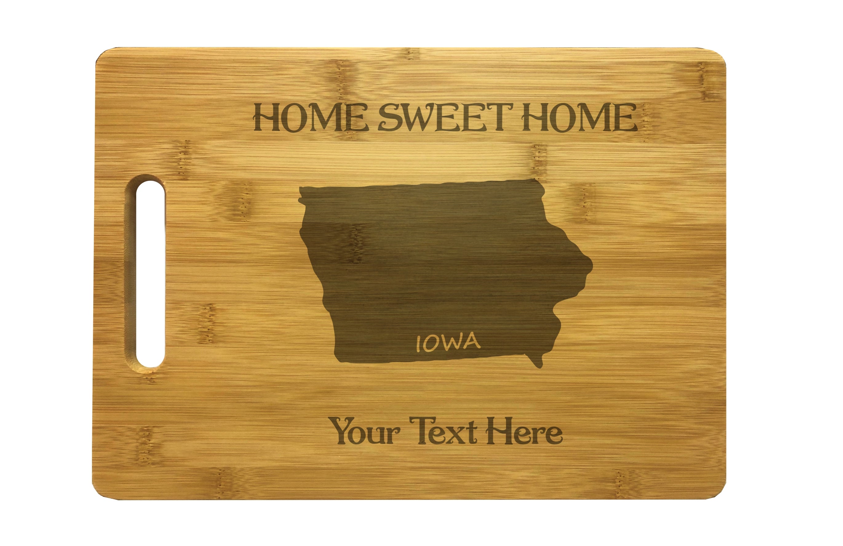 Personalized Iowa Engraved Natural Wood Cutting Board, Home Sweet Home with Custom Text, Engraved Bamboo or Maple, Housewarming Gift