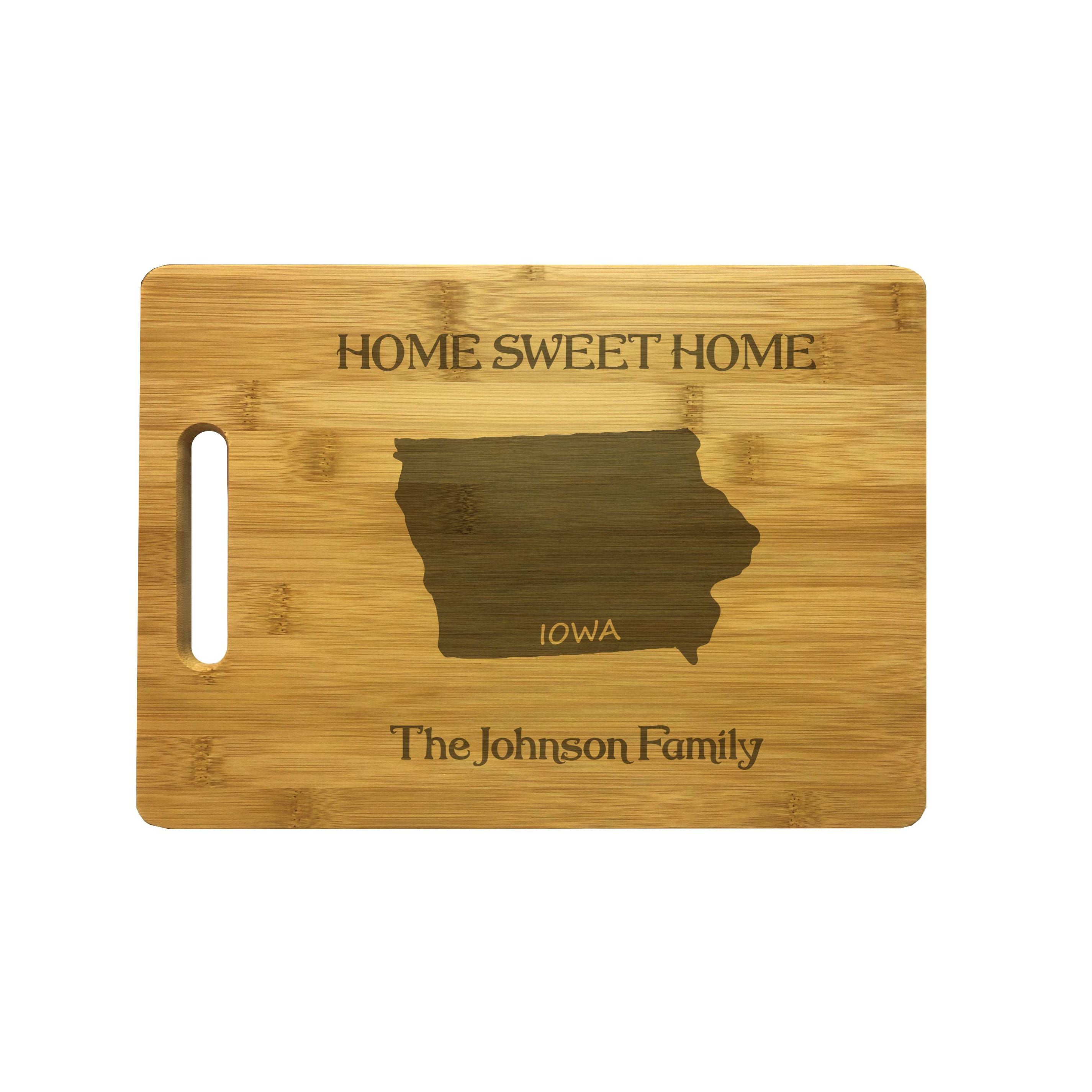 Personalized Iowa Engraved Natural Wood Cutting Board, Home Sweet Home with Custom Text, Engraved Bamboo or Maple, Housewarming Gift