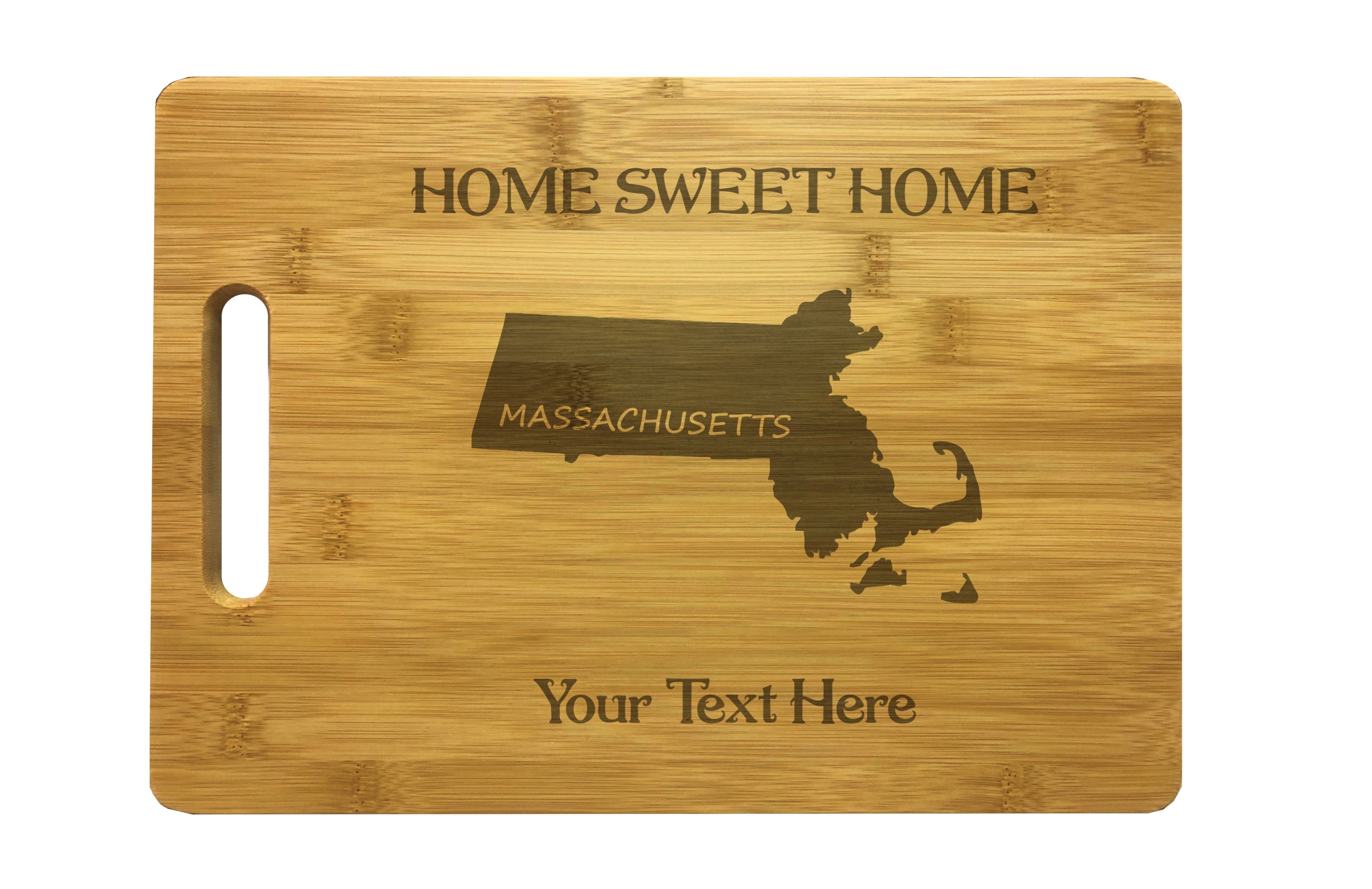Personalized Massachusetts Engraved Natural Wood Cutting Board, Home Sweet Home with Custom Text, Engraved Bamboo or Maple, Housewarming Gift