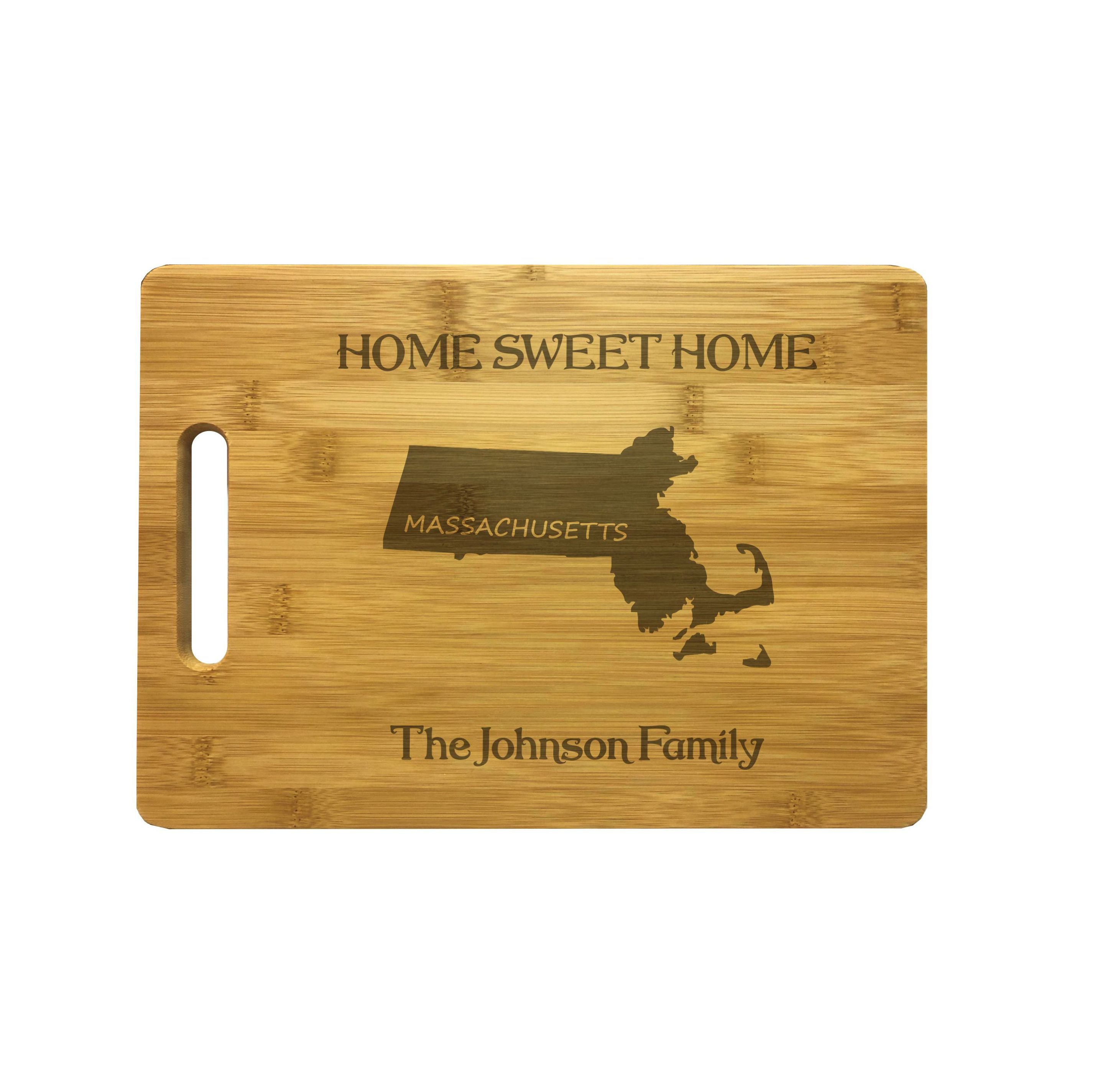 Personalized Massachusetts Engraved Natural Wood Cutting Board, Home Sweet Home with Custom Text, Engraved Bamboo or Maple, Housewarming Gift