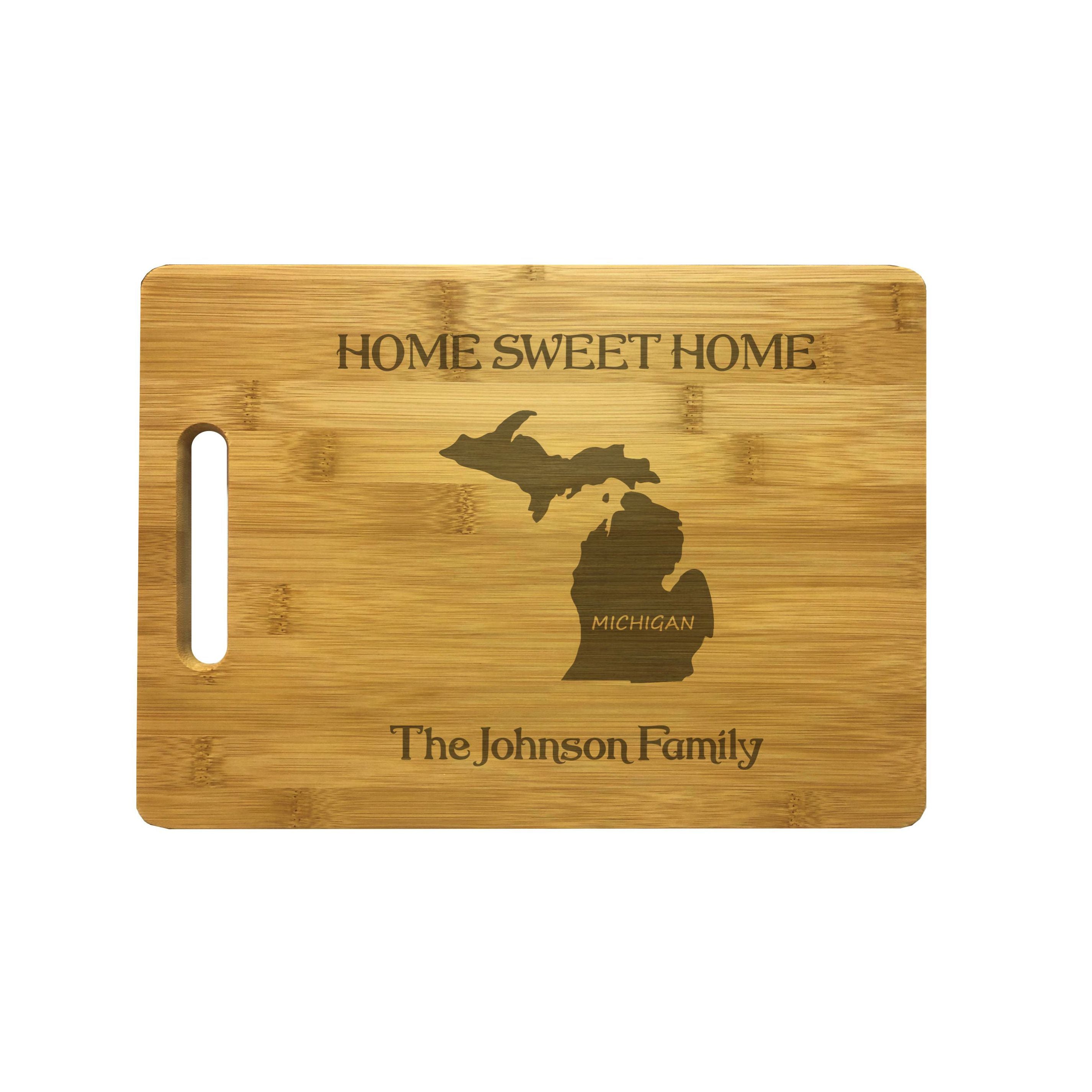 Personalized Michigan Engraved Natural Wood Cutting Board, Home Sweet Home with Custom Text, Engraved Bamboo or Maple, Housewarming Gift