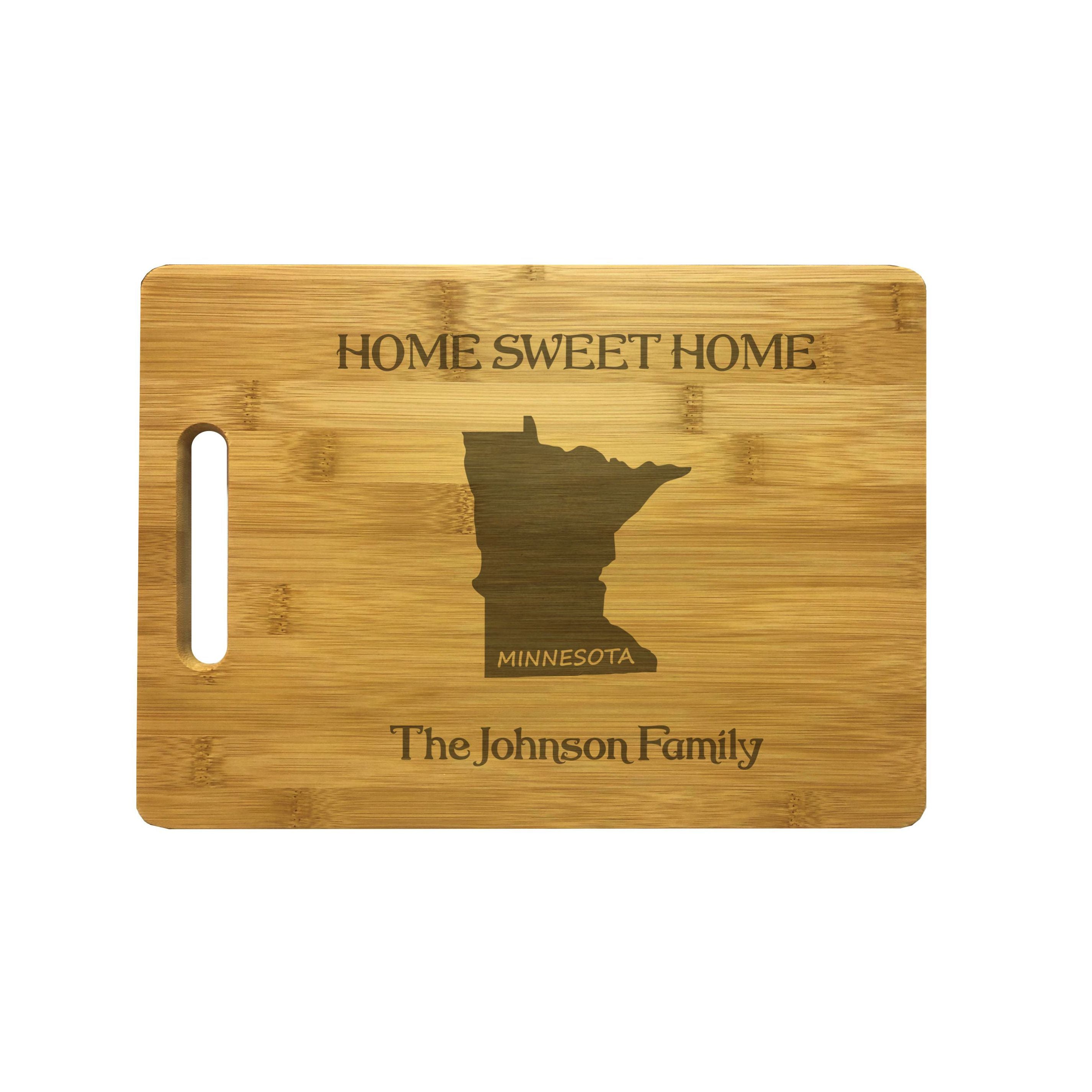 Personalized Minnesota Engraved Natural Wood Cutting Board, Home Sweet Home with Custom Text, Engraved Bamboo or Maple, Housewarming Gift