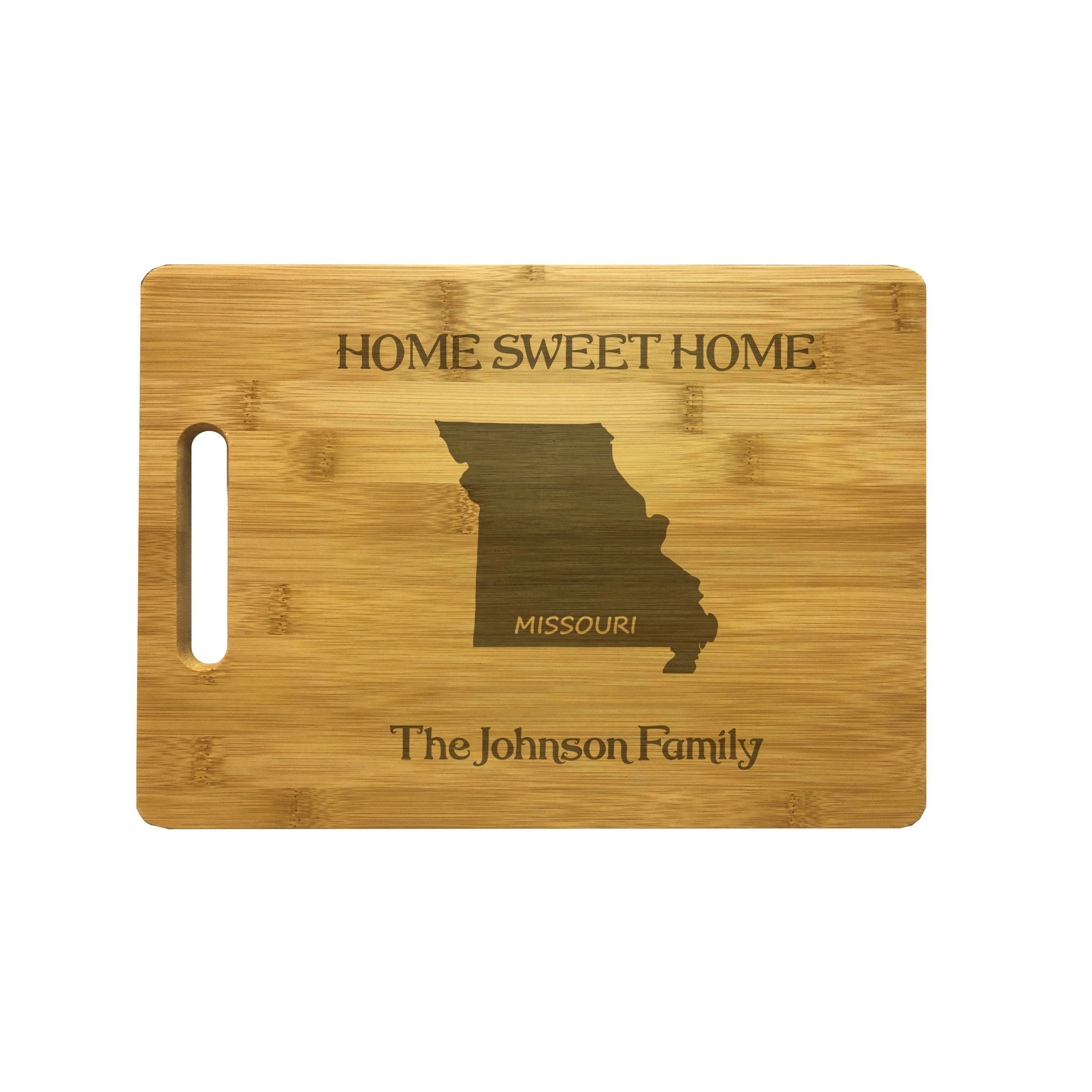 Personalized Missouri Engraved Natural Wood Cutting Board, Home Sweet Home with Custom Text, Engraved Bamboo or Maple, Housewarming Gift