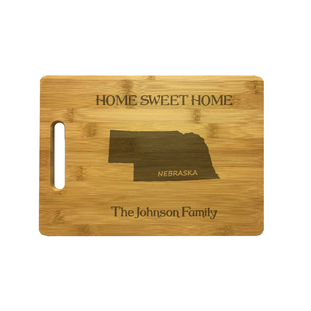 Personalized Nebraska Engraved Natural Wood Cutting Board, Home Sweet Home with Custom Text, Engraved Bamboo or Maple, Housewarming Gift