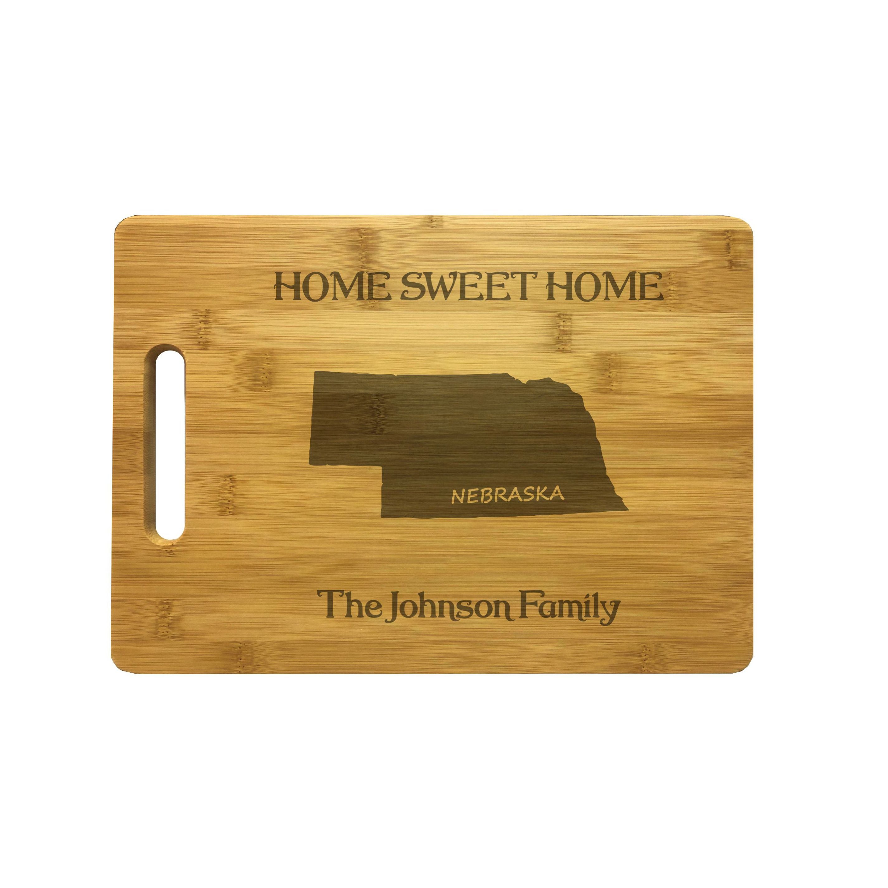 Personalized Nebraska Engraved Natural Wood Cutting Board, Home Sweet Home with Custom Text, Engraved Bamboo or Maple, Housewarming Gift