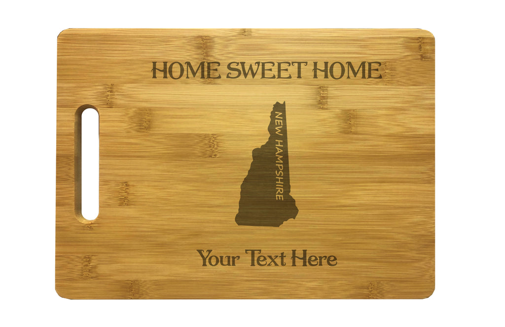 Personalized New Hampshire Engraved Natural Wood Cutting Board, Home Sweet Home with Custom Text, Engraved Bamboo or Maple, Housewarming Gift