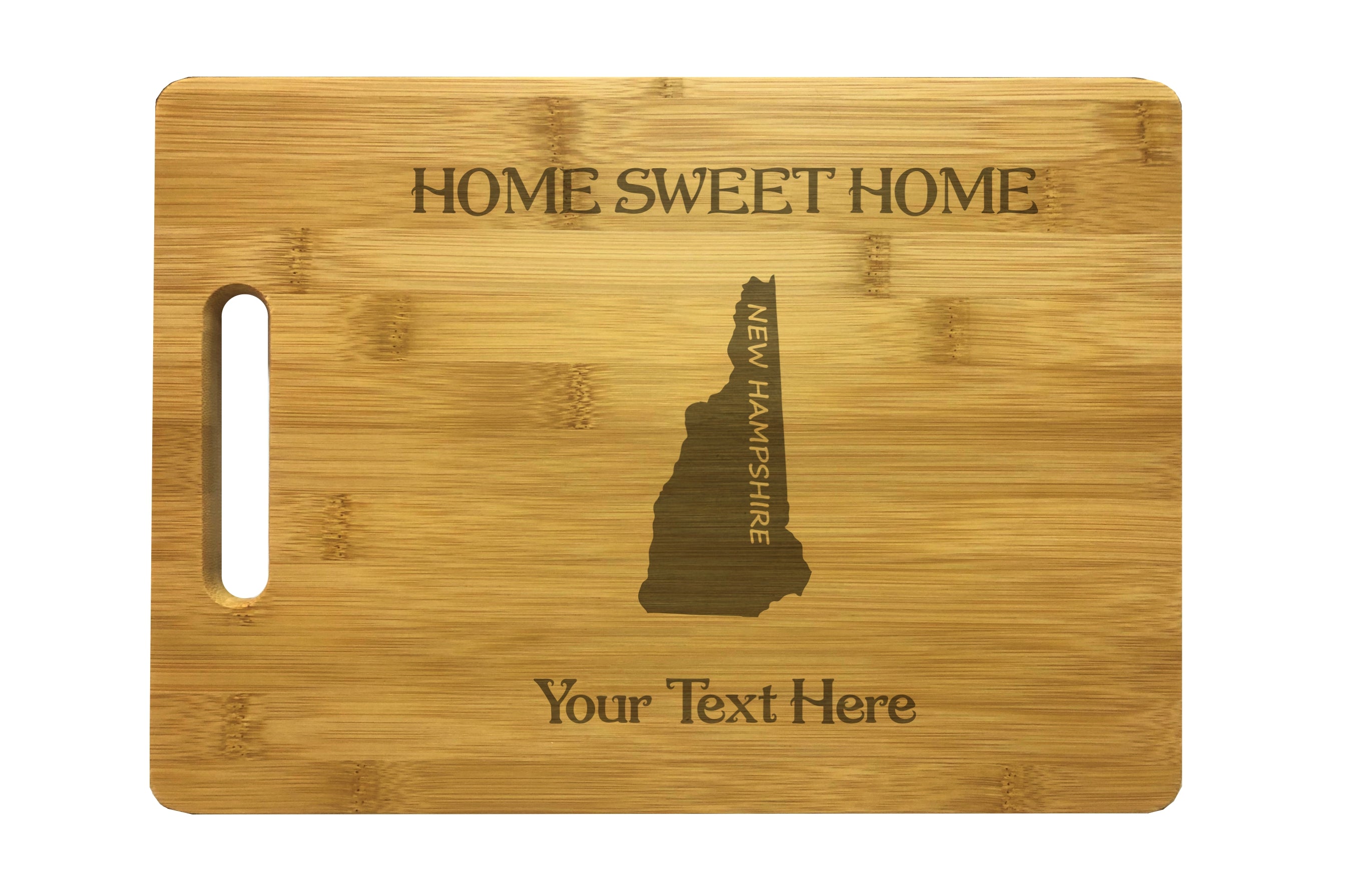 Personalized New Hampshire Engraved Natural Wood Cutting Board, Home Sweet Home with Custom Text, Engraved Bamboo or Maple, Housewarming Gift