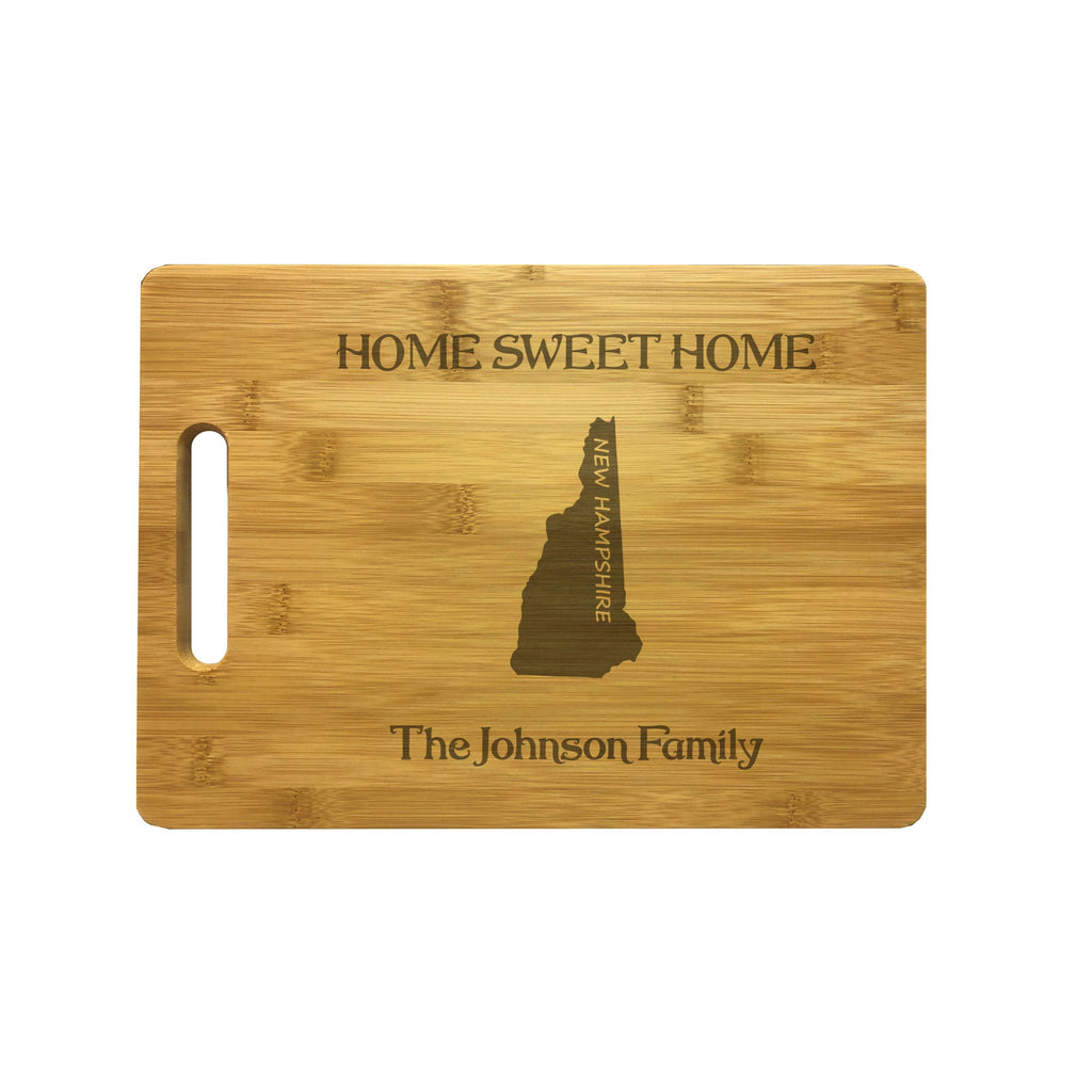 Personalized New Hampshire Engraved Natural Wood Cutting Board, Home Sweet Home with Custom Text, Engraved Bamboo or Maple, Housewarming Gift