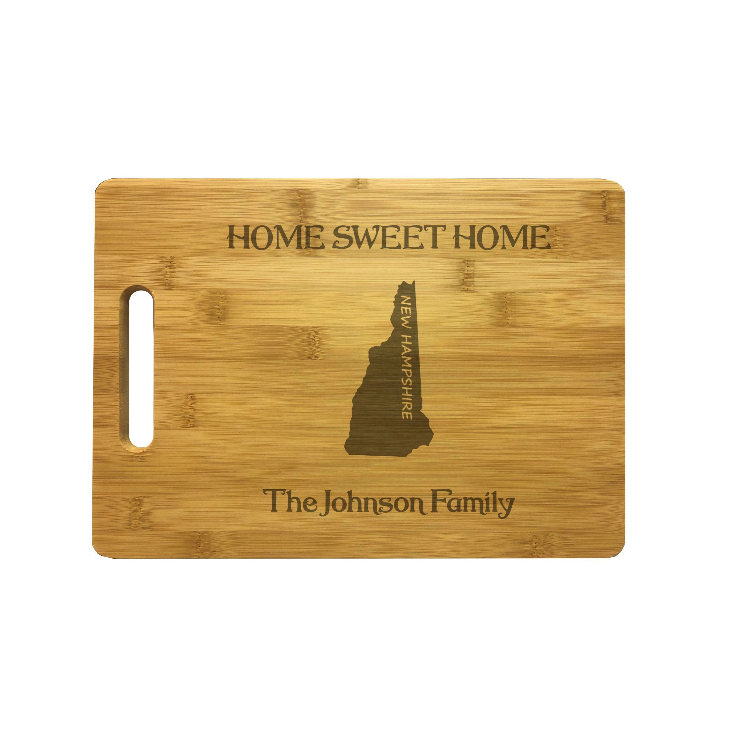 Personalized New Hampshire Engraved Natural Wood Cutting Board, Home Sweet Home with Custom Text, Engraved Bamboo or Maple, Housewarming Gift