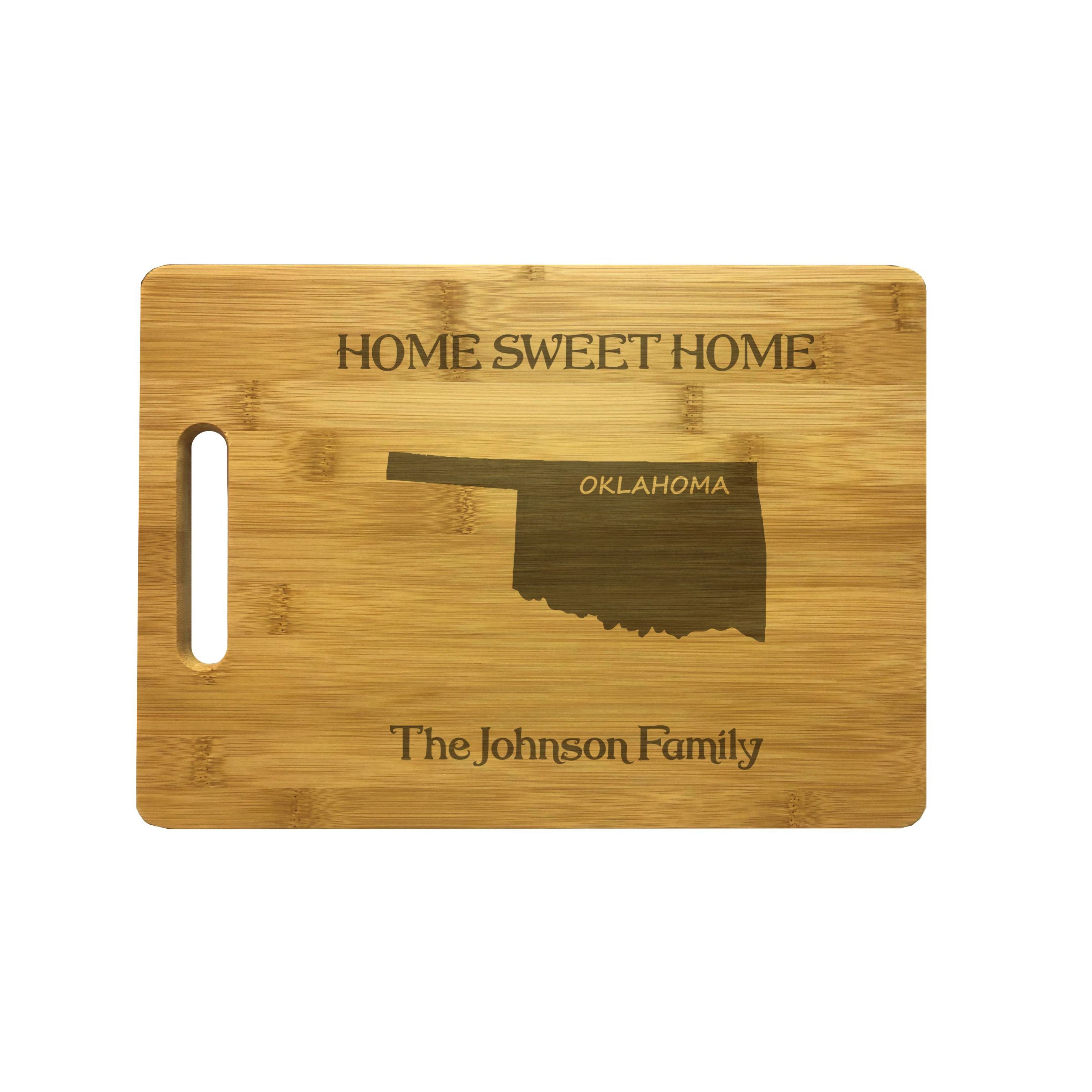 Personalized Oklahoma Engraved Natural Wood Cutting Board, Home Sweet Home with Custom Text, Engraved Bamboo or Maple, Housewarming Gift