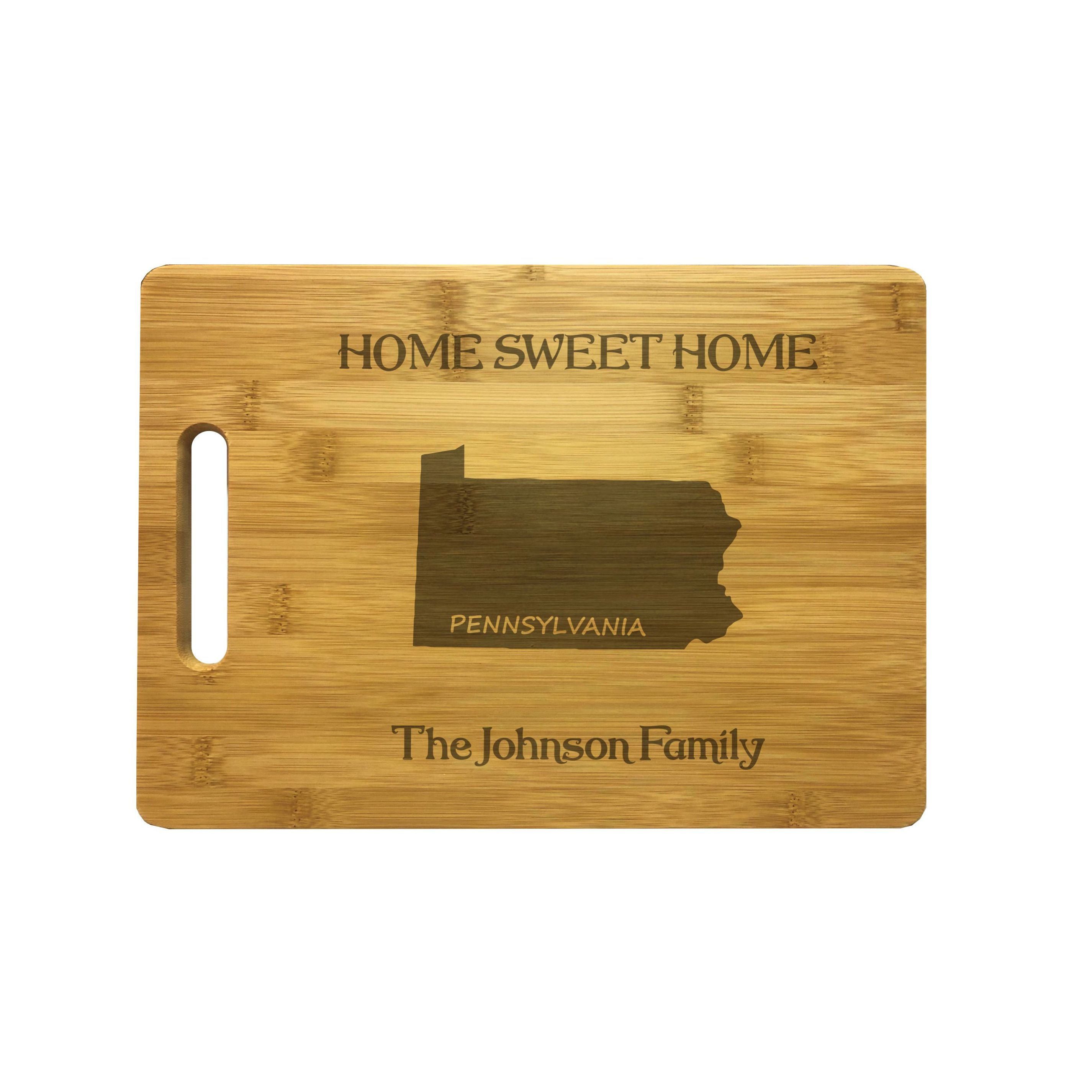Personalized Pennsylvania Engraved Natural Wood Cutting Board, Home Sweet Home with Custom Text, Engraved Bamboo or Maple, Housewarming Gift