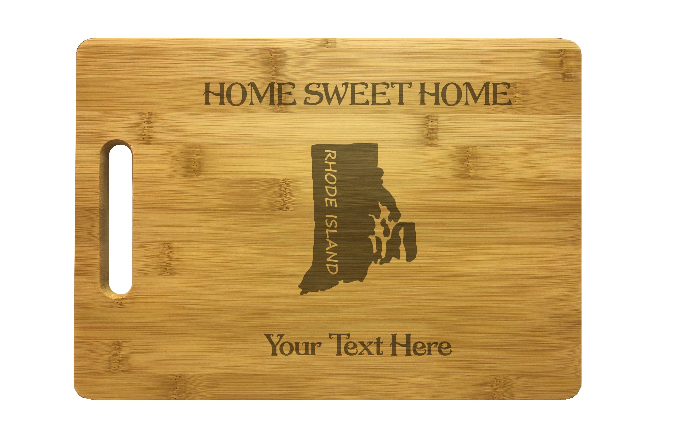 Personalized Rhode Island Engraved Natural Wood Cutting Board, Home Sweet Home with Custom Text, Engraved Bamboo or Maple, Housewarming Gift
