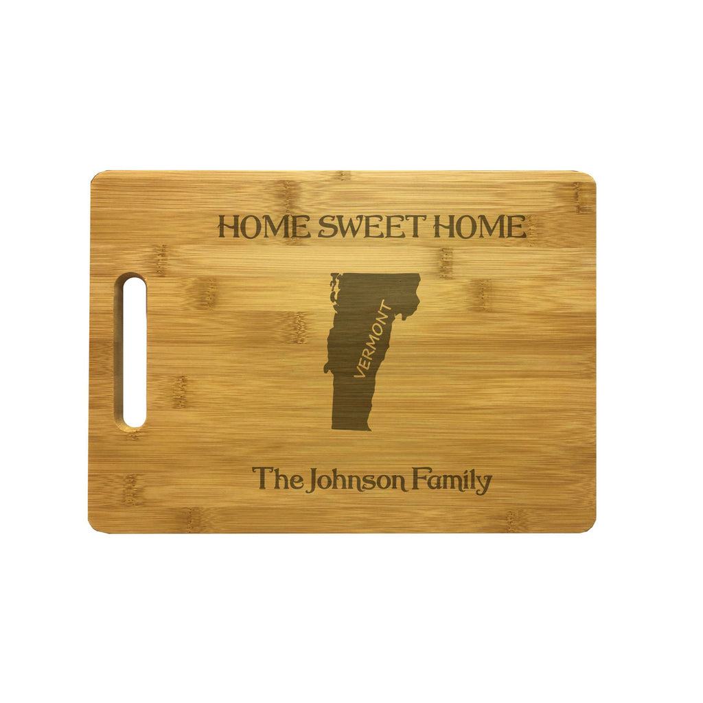 Personalized Vermont Engraved Natural Wood Cutting Board, Home Sweet Home with Custom Text, Engraved Bamboo or Maple, Housewarming Gift