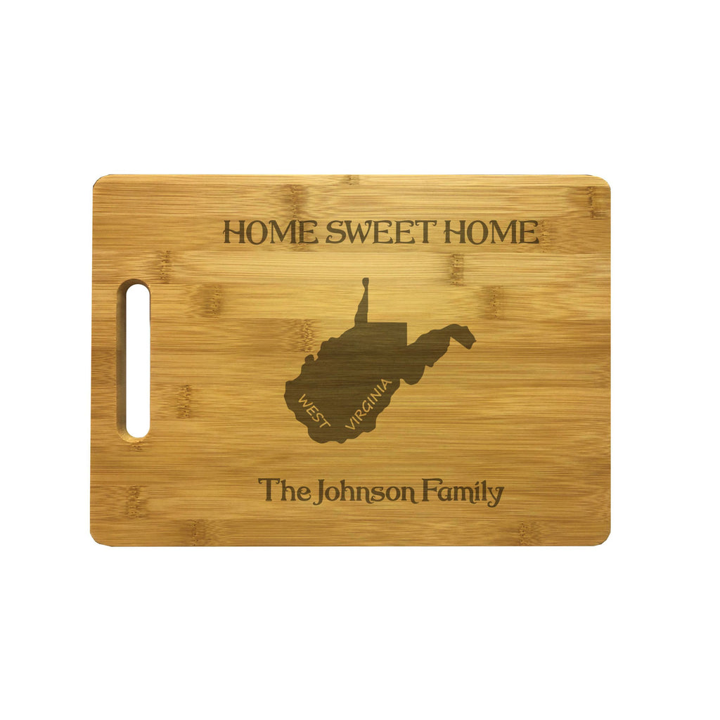 Personalized West Virginia Engraved Natural Wood Cutting Board, Home Sweet Home with Custom Text, Engraved Bamboo or Maple, Housewarming Gift