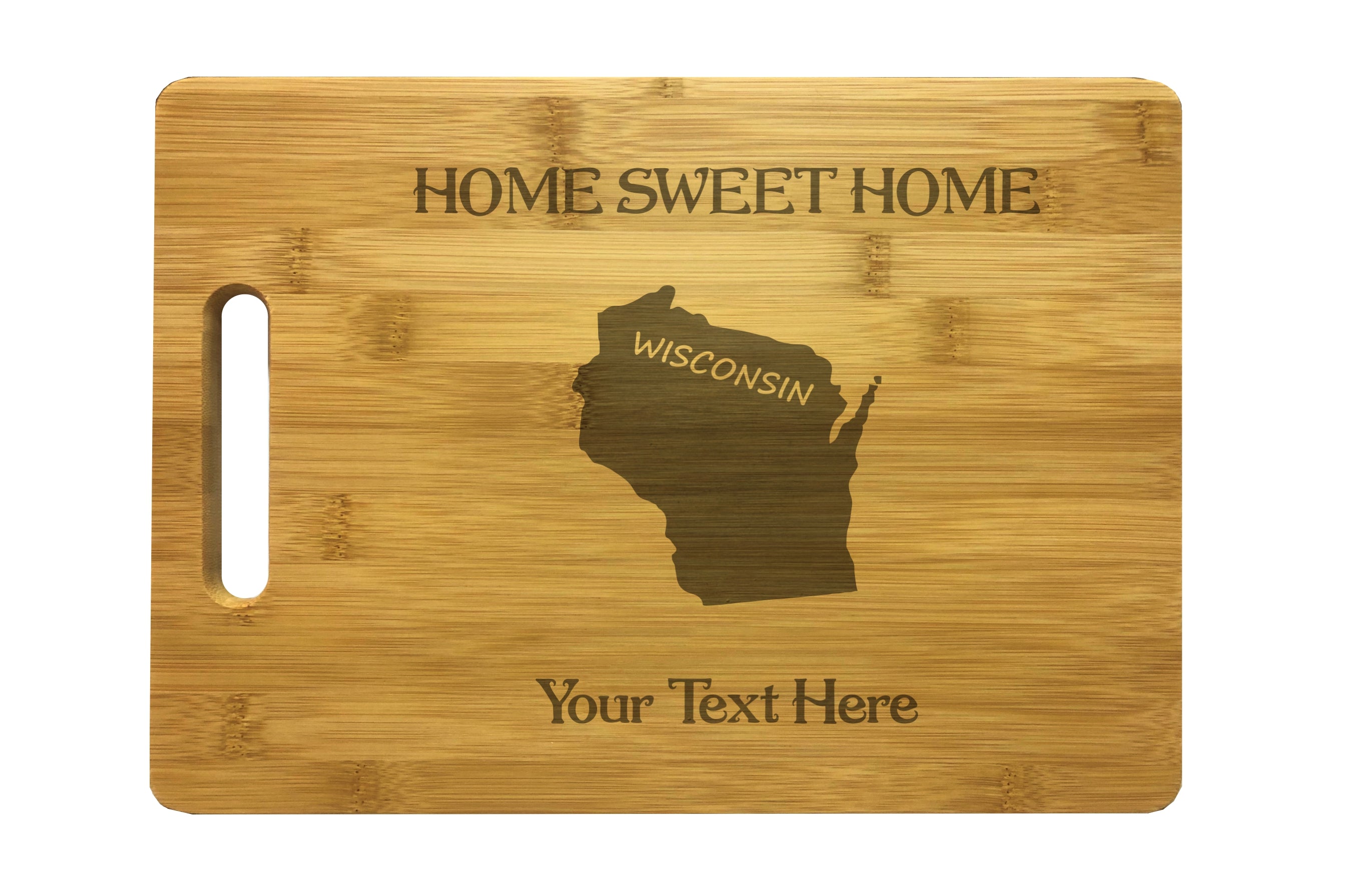 Personalized Wisconsin Engraved Natural Wood Cutting Board, Home Sweet Home with Custom Text, Engraved Bamboo or Maple, Housewarming Gift