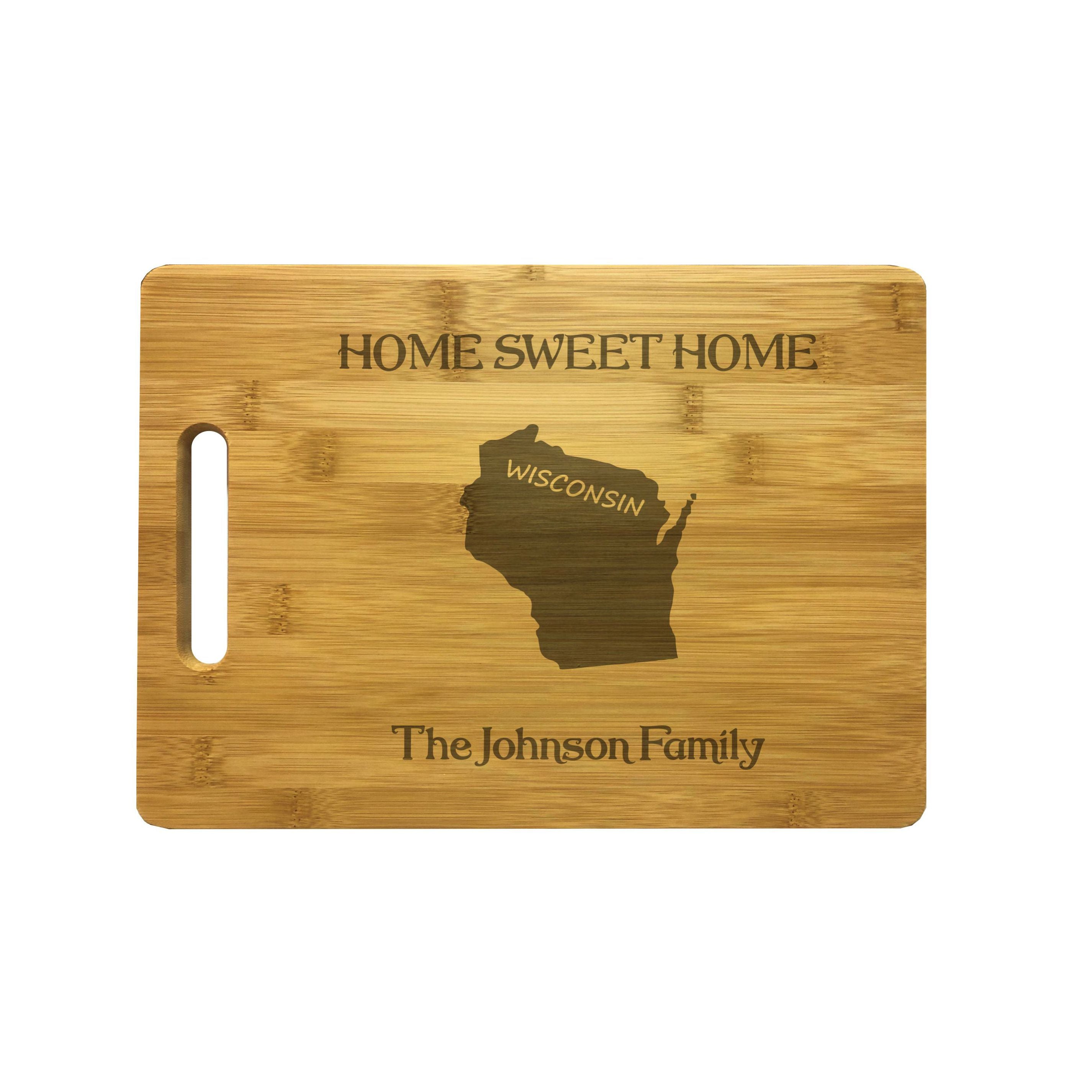 Personalized Wisconsin Engraved Natural Wood Cutting Board, Home Sweet Home with Custom Text, Engraved Bamboo or Maple, Housewarming Gift