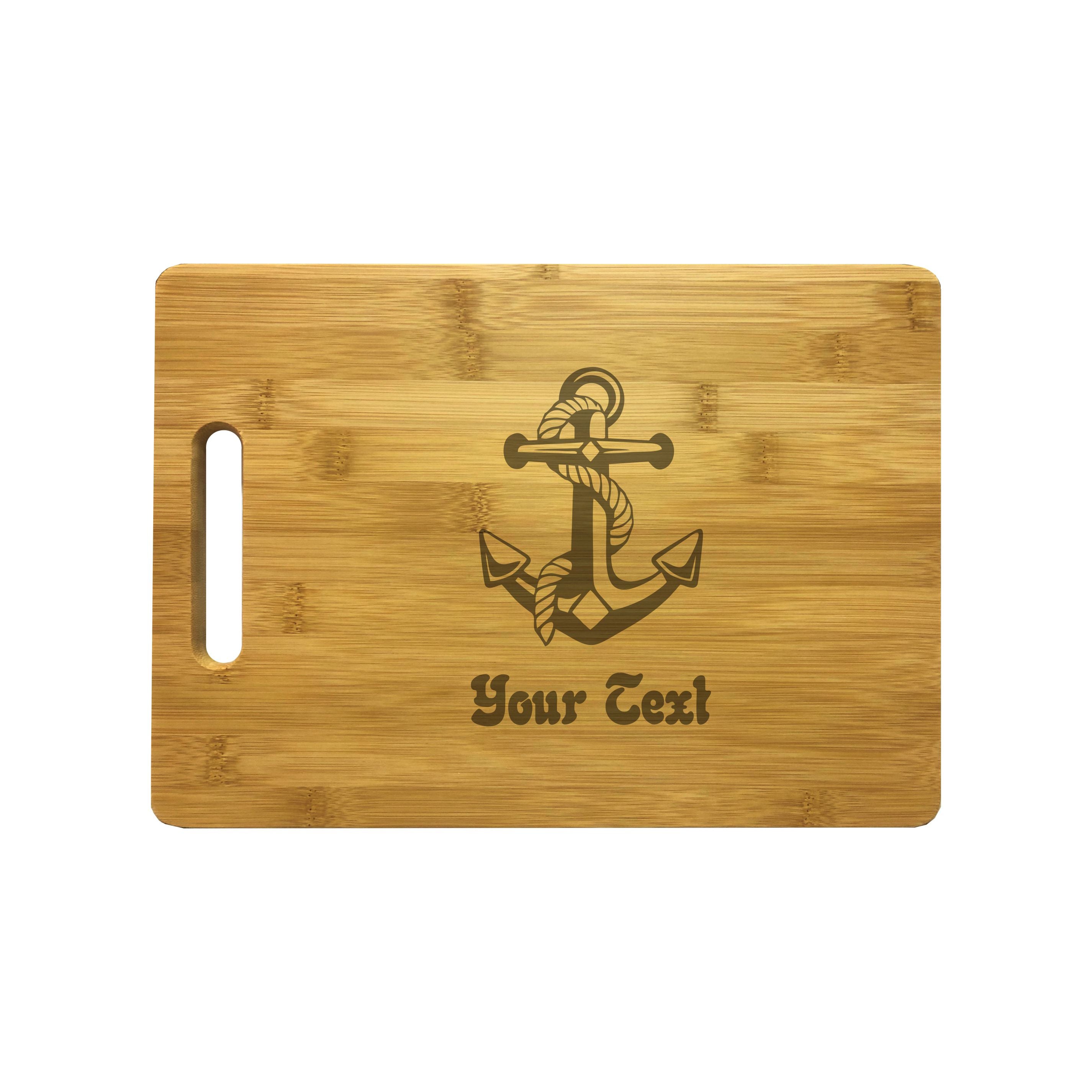 Personalized Nautical Anchor With Boat Name Engraved Natural Wood Cutting Board, Bamboo or Maple, Boating Gift