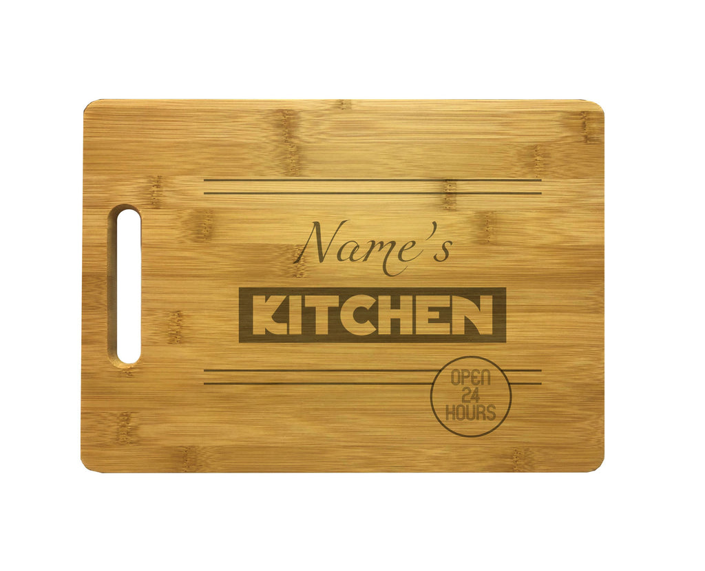 Personalized Kitchen Open 24 Hours Engraved Natural Wood Cutting Board, Bamboo or Maple, Custom Gift