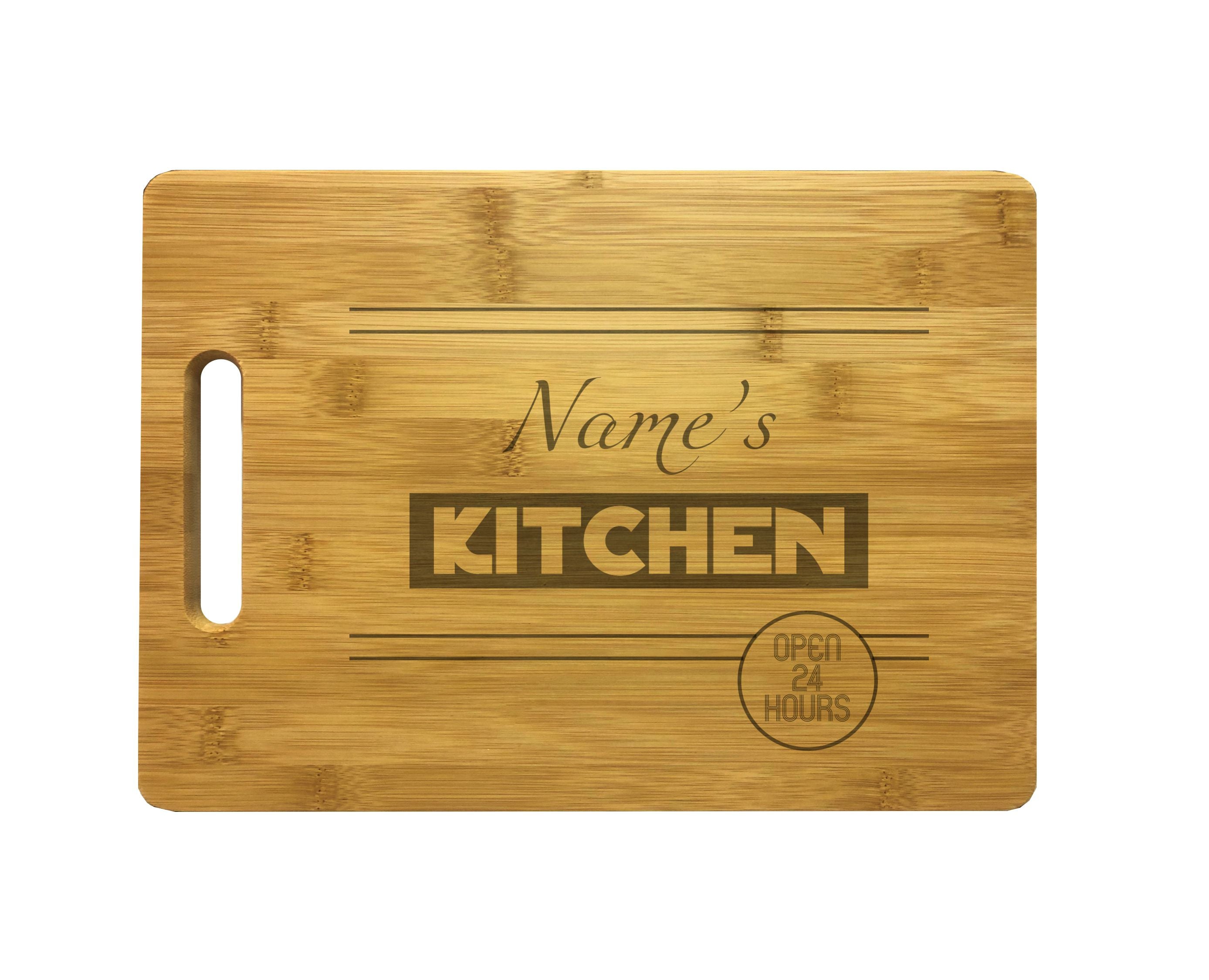 Personalized Kitchen Open 24 Hours Engraved Natural Wood Cutting Board, Bamboo or Maple, Custom Gift