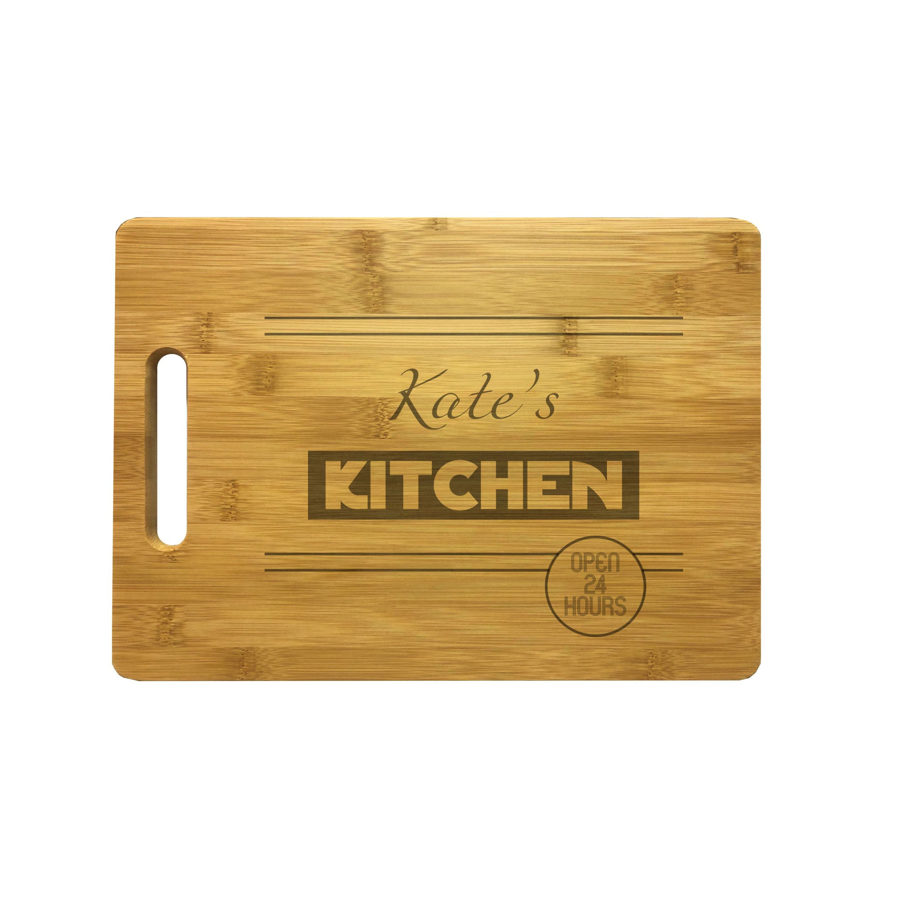 Personalized Kitchen Open 24 Hours Engraved Natural Wood Cutting Board, Bamboo or Maple, Custom Gift
