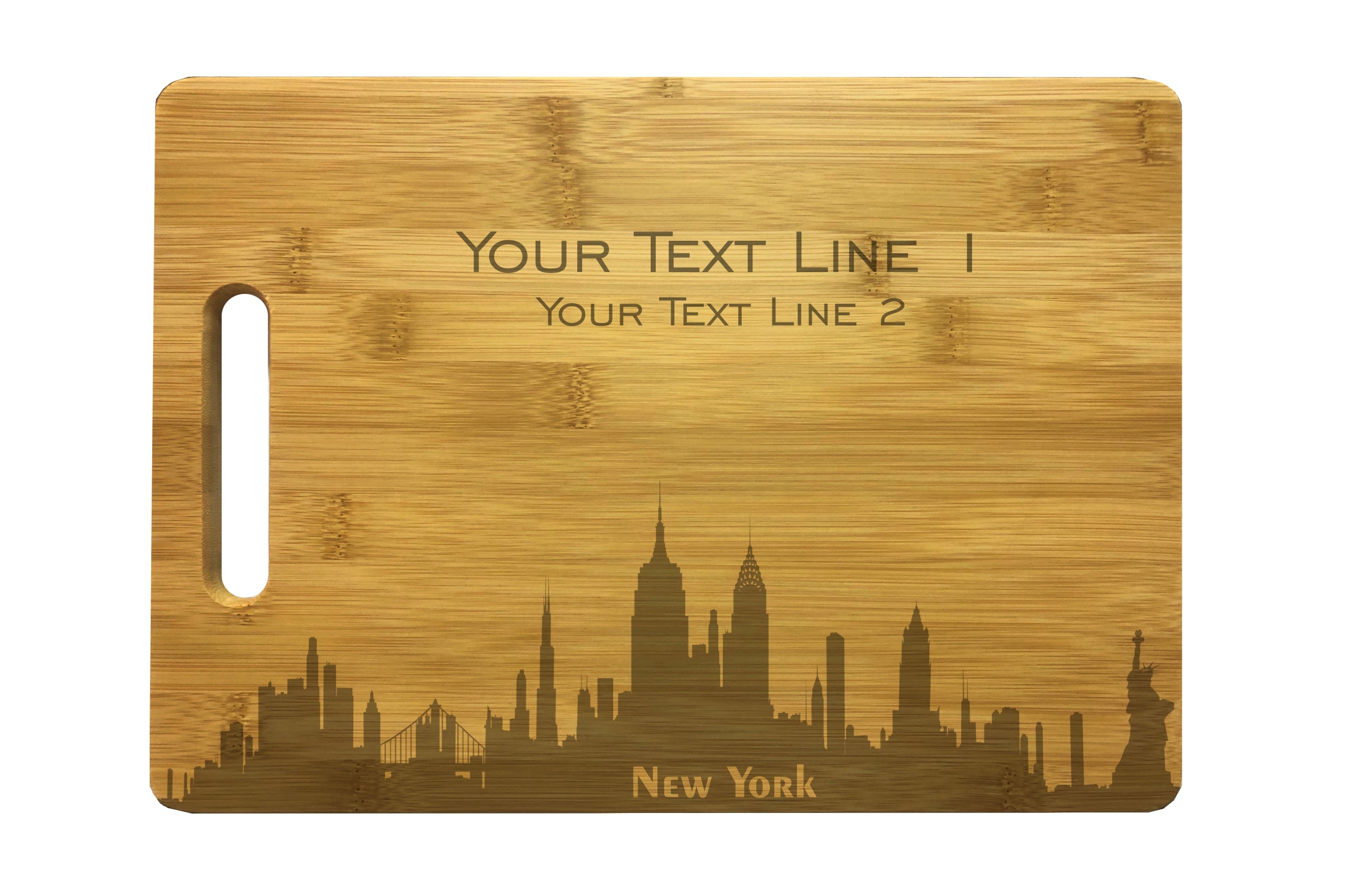 Personalized New York Skyline Natural Wood Cutting Boards with Custom Text, Engraved Bamboo or Maple, Wedding Gift